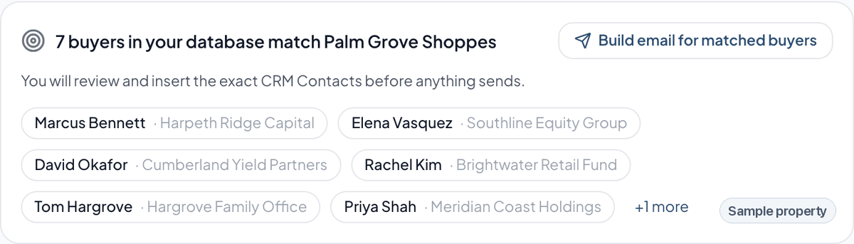 CREBuilder CRM showing seven buyers in the database who match a retail listing