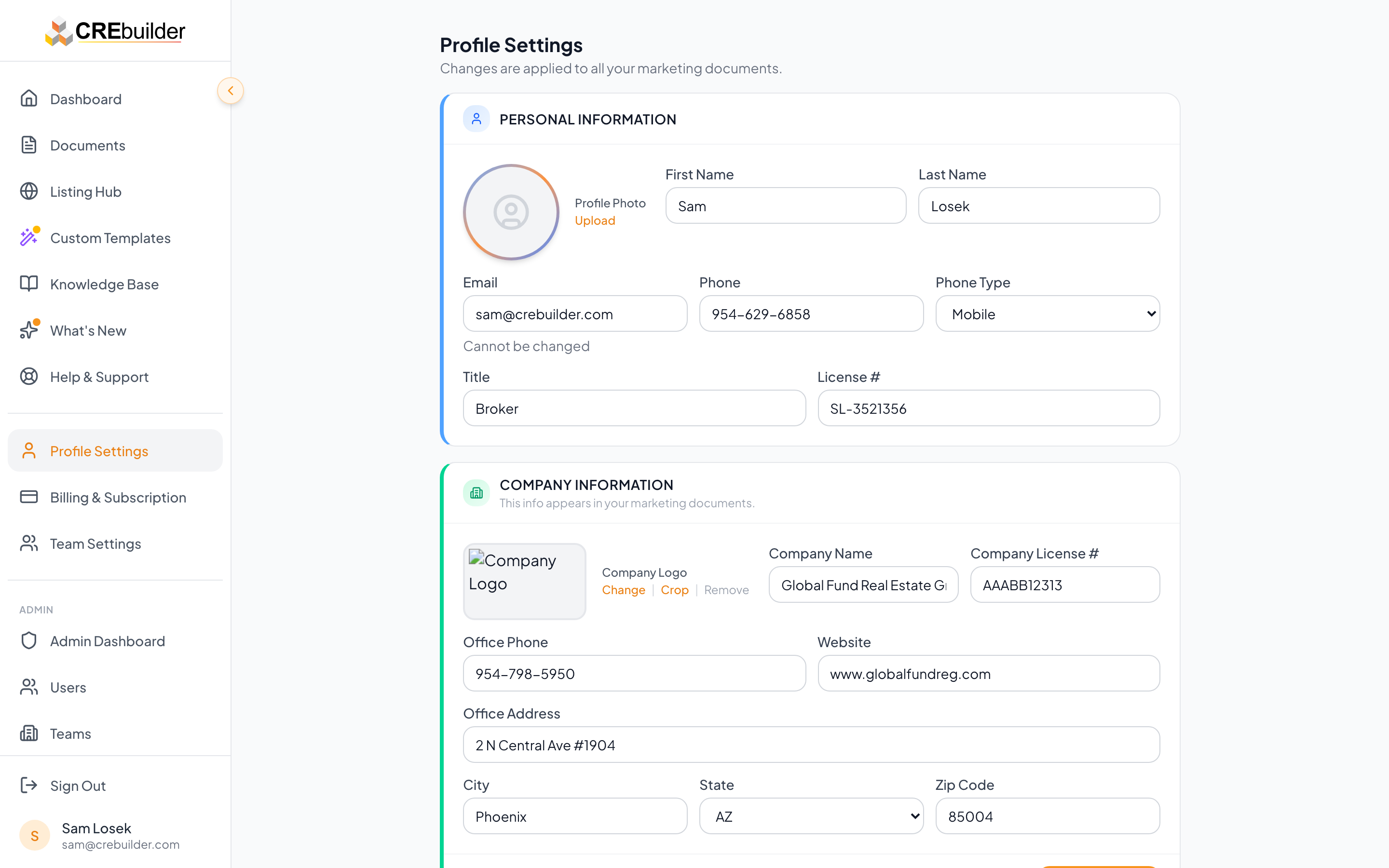 Profile settings page