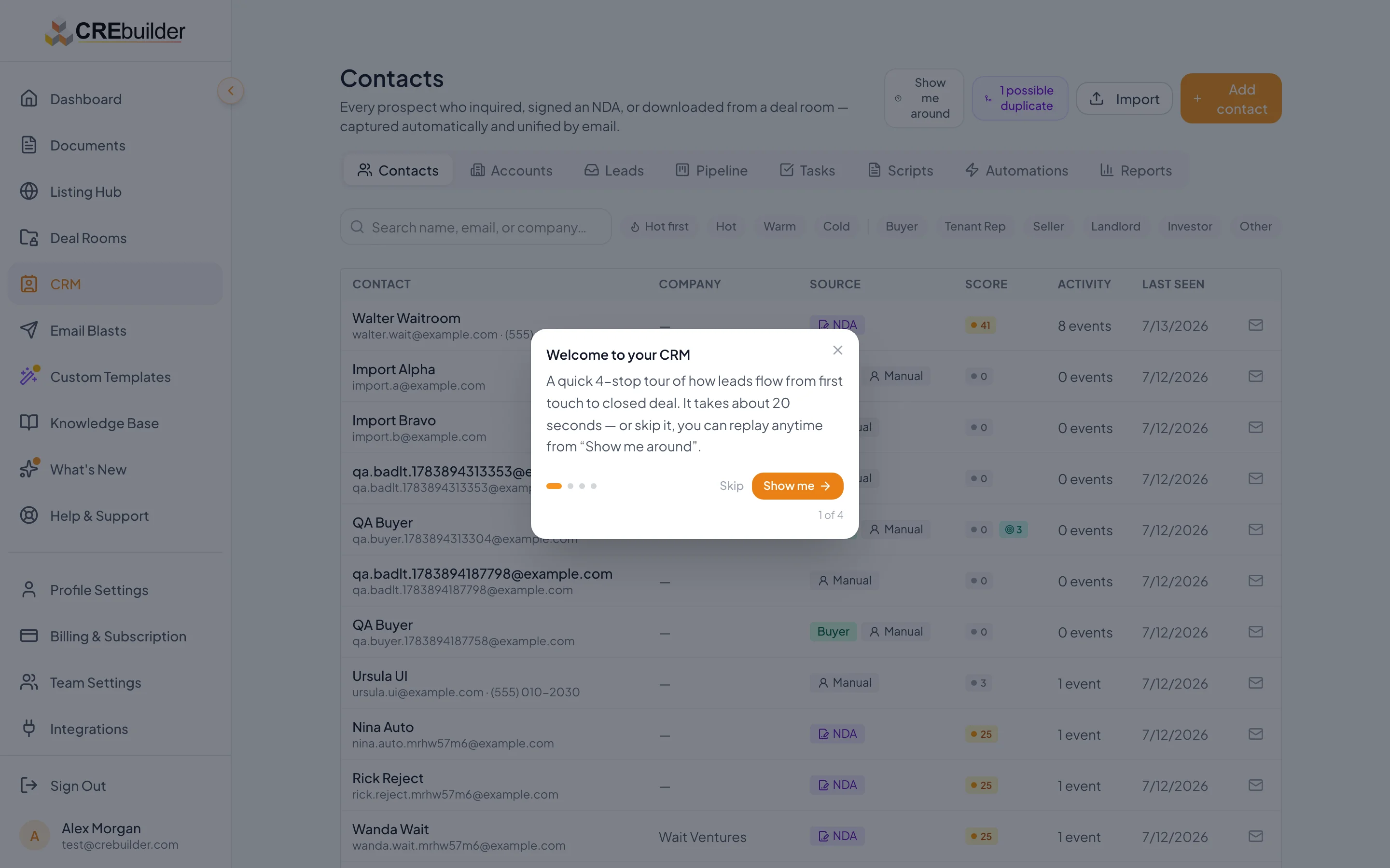 Contacts list with score and fit columns