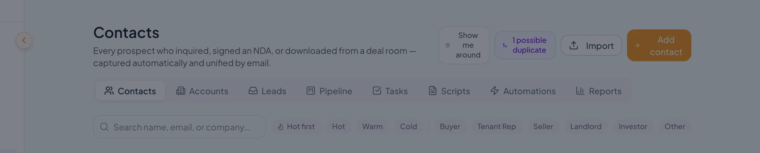 CRM top navigation tabs