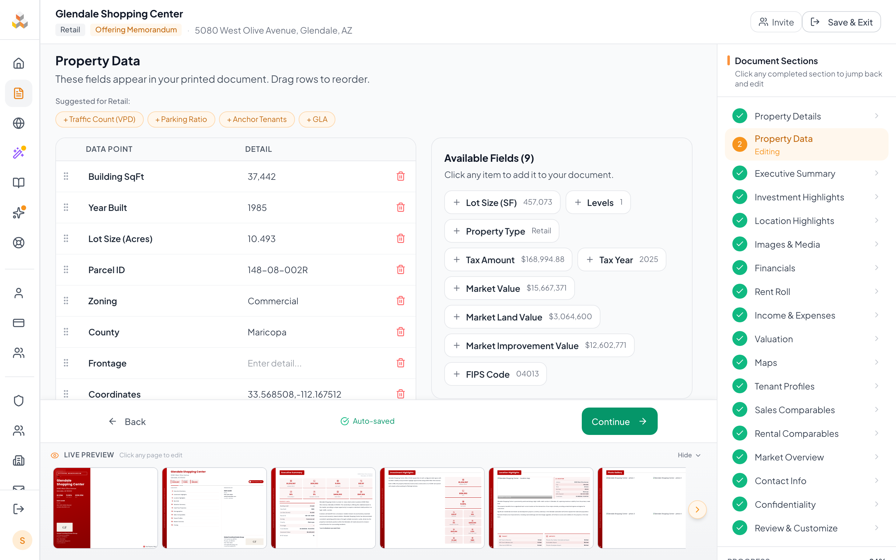 Property Data page showing suggested fields for Retail, an empty data table, and the Add Custom Data Point button