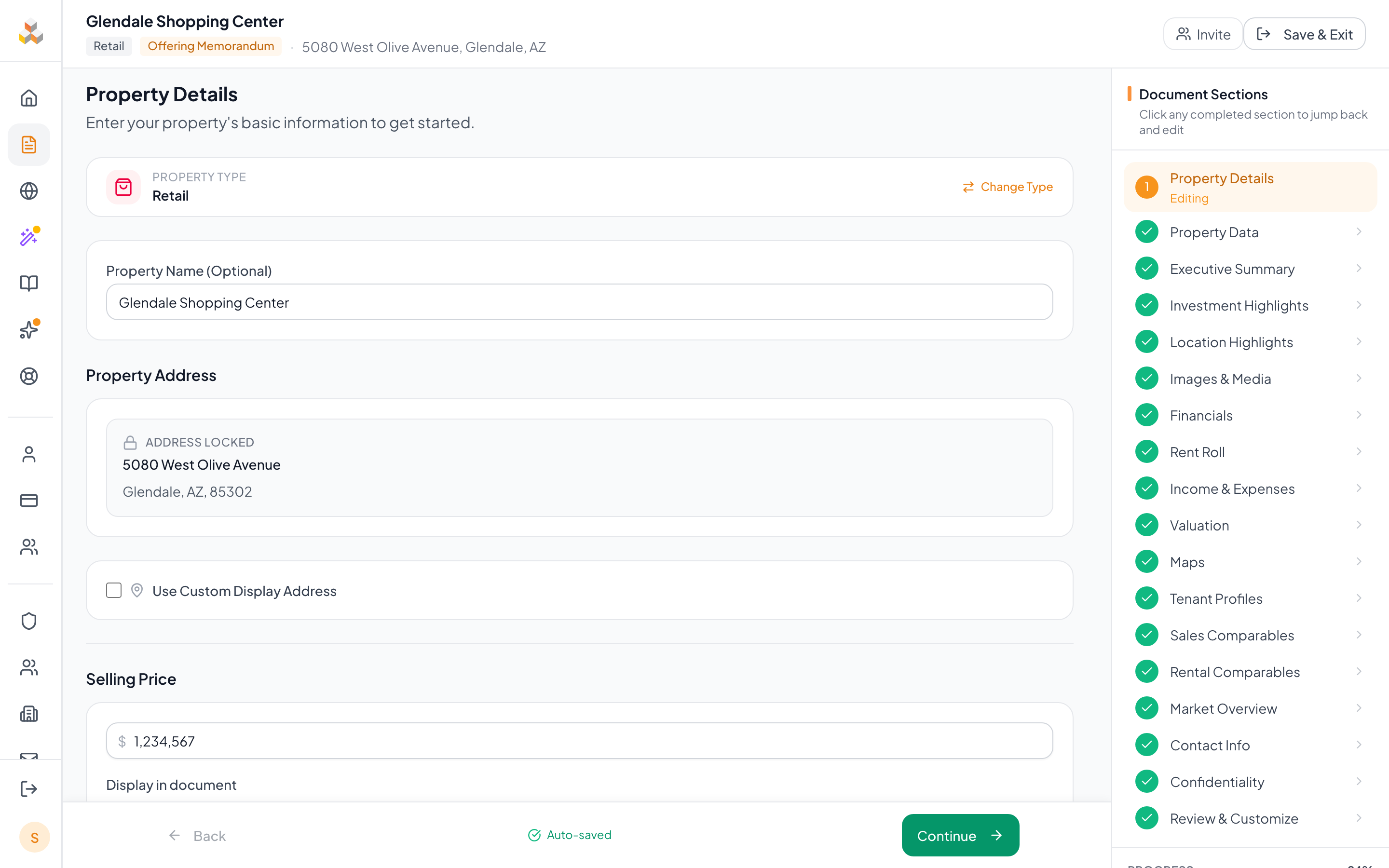Property Details page showing property name, address autocomplete, and selling price fields