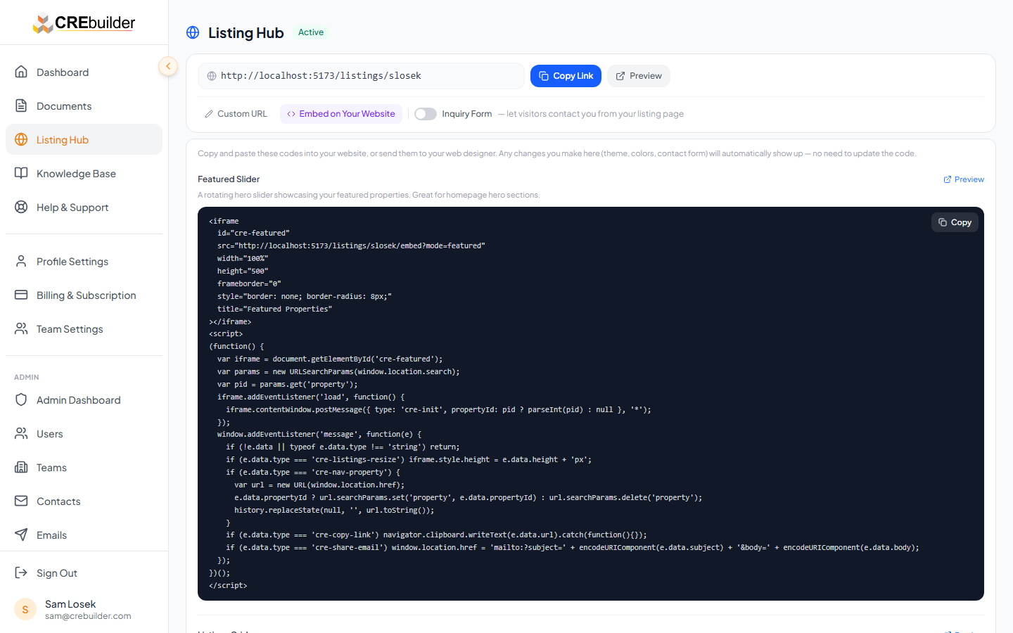 Embed code panel showing the Listings Grid snippet