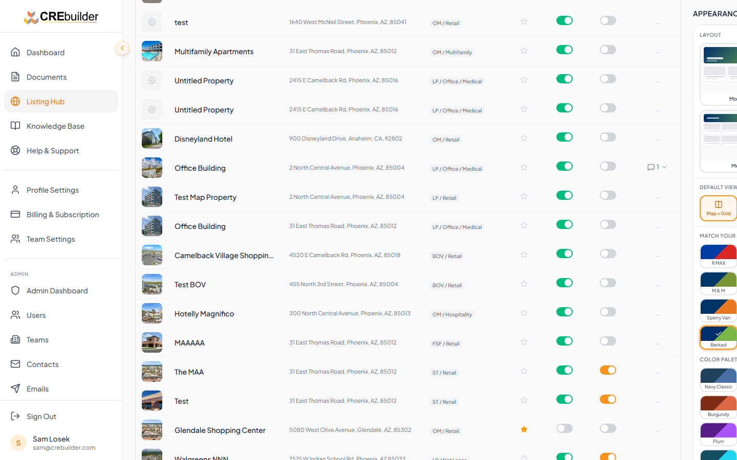 Listing Hub scrolled to show the full listings table with toggle controls