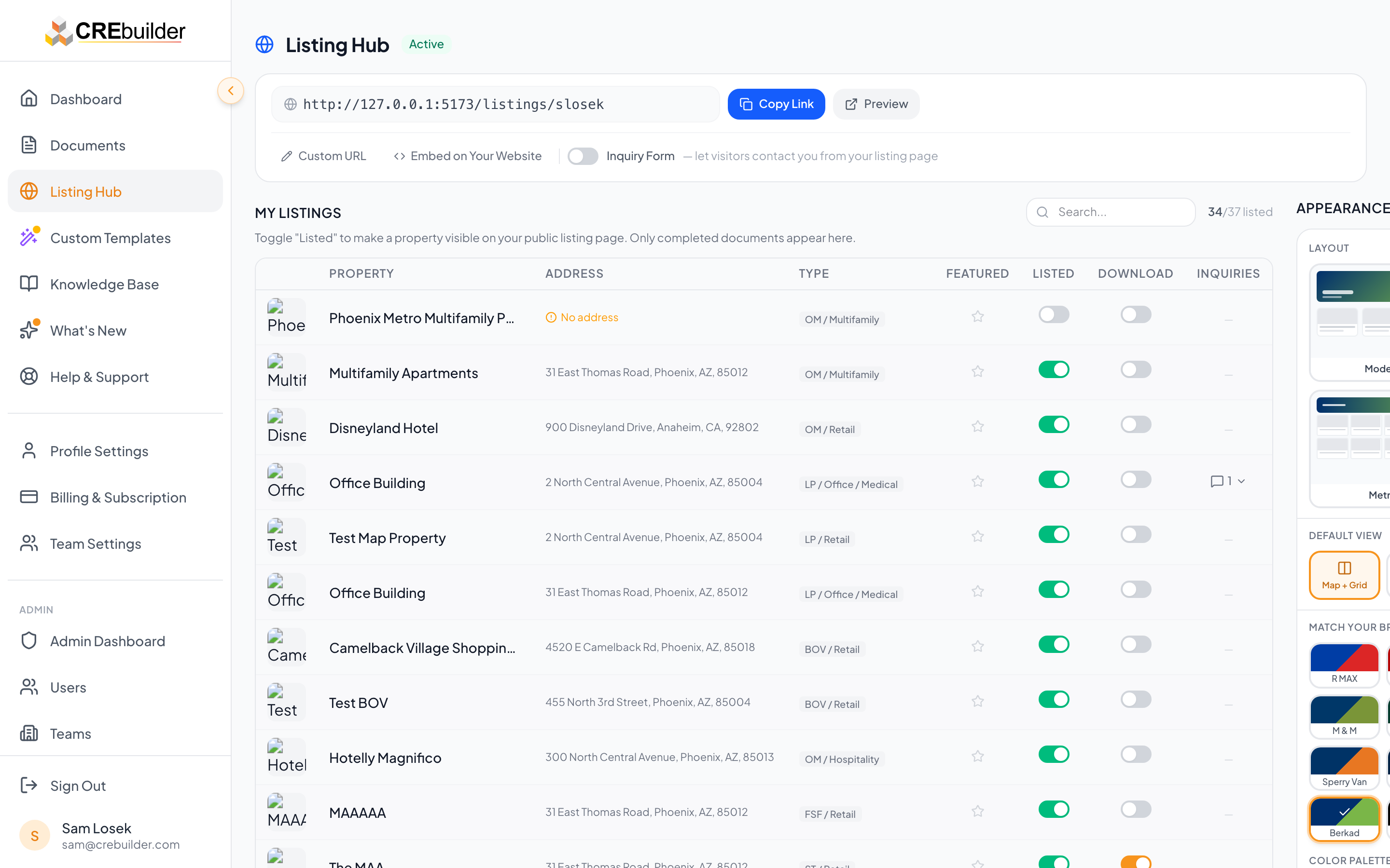CRE Listing Hub page showing share URL, listings table, and appearance panel