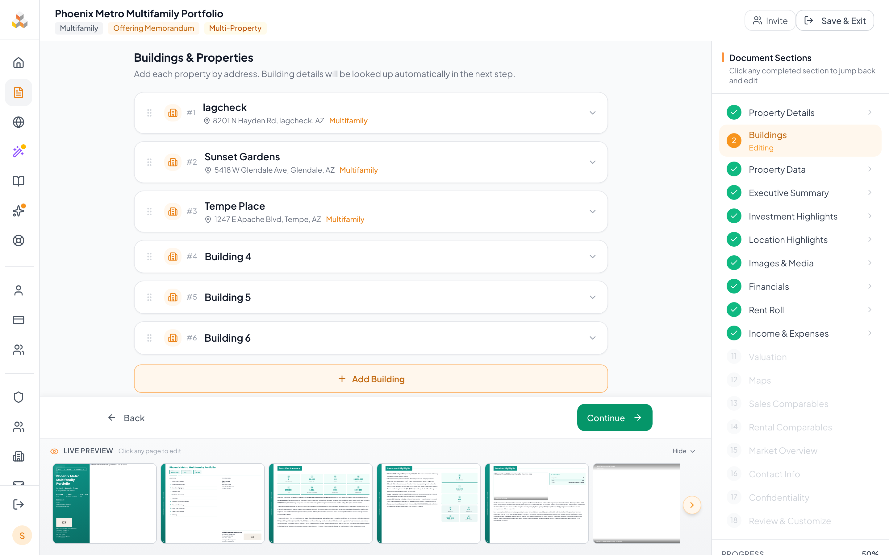 Buildings step in a portfolio document with multiple building cards