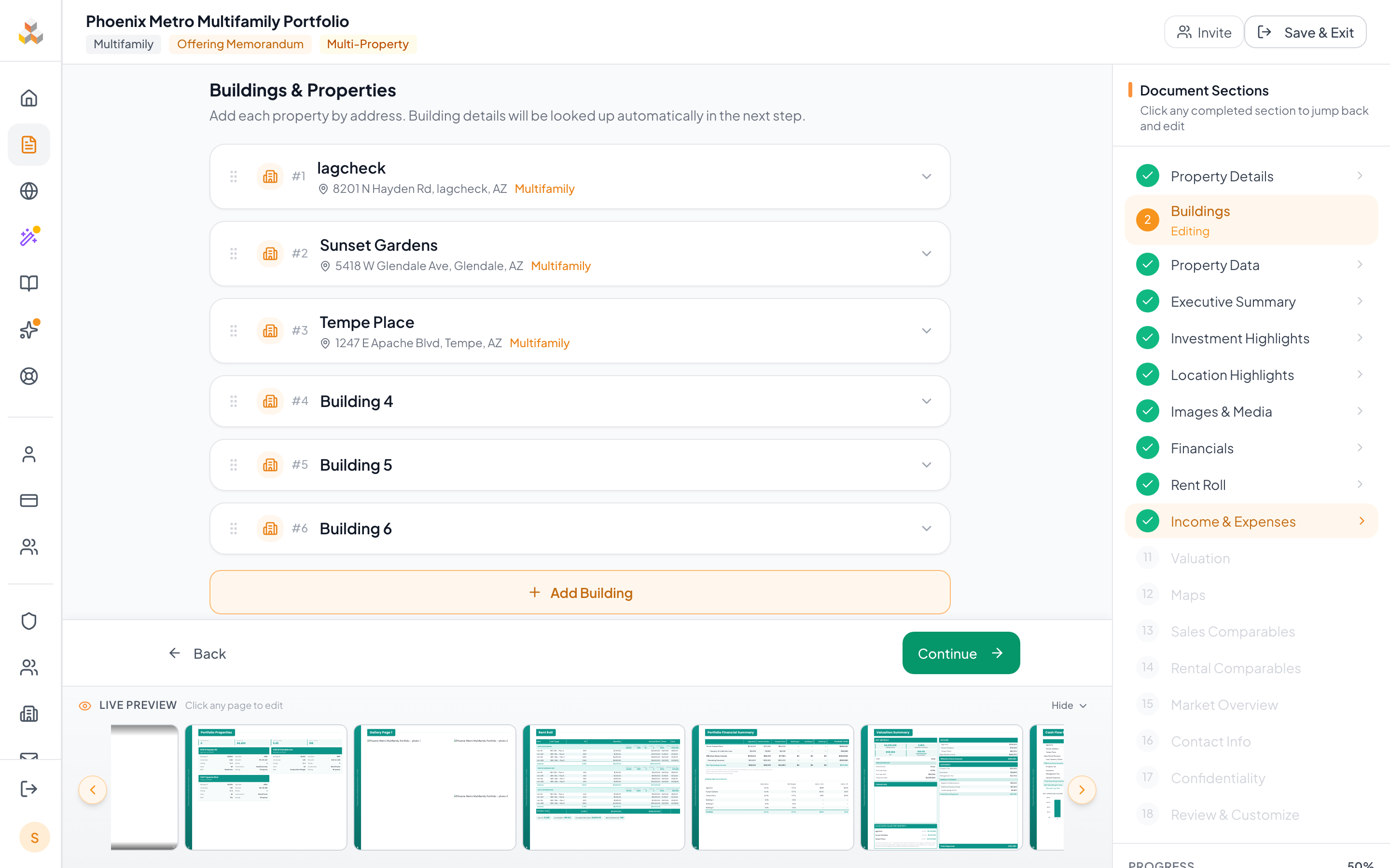 Income & Expenses step with Building Selector showing each building's NOI