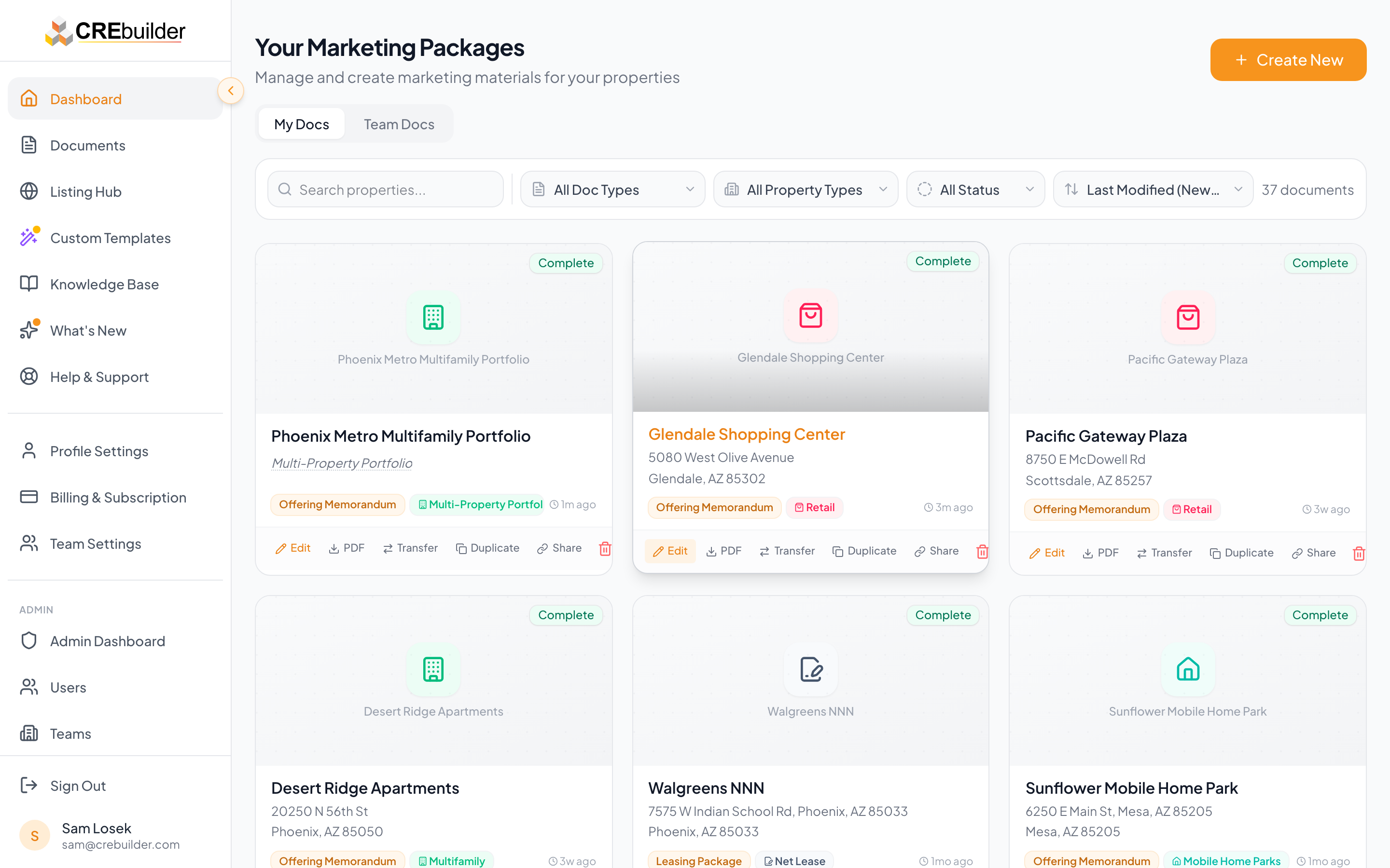 Dashboard with a Multi-Property Portfolio card mixed in with single-property docs