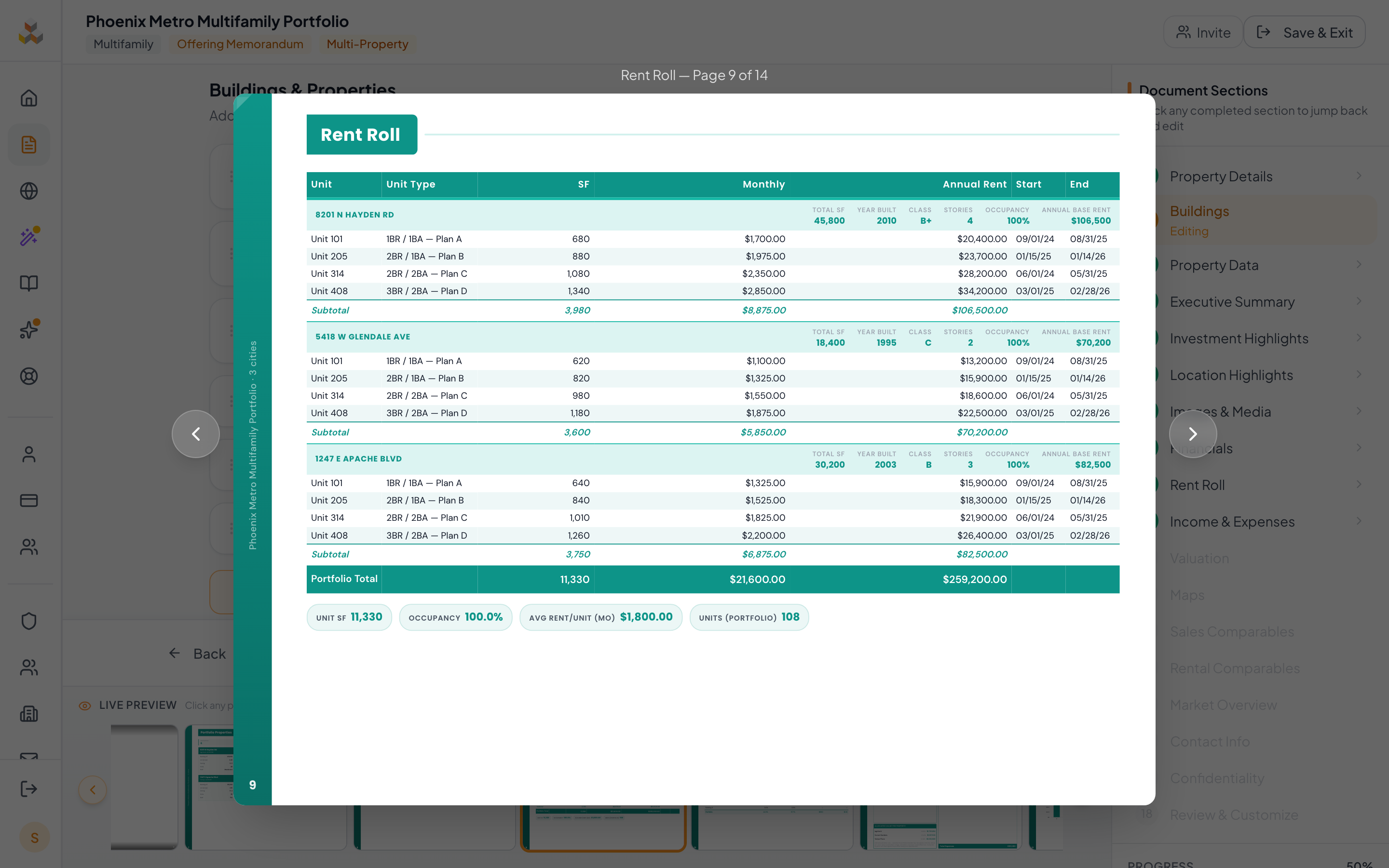Rent Roll step for a portfolio doc with per-building accordion sections