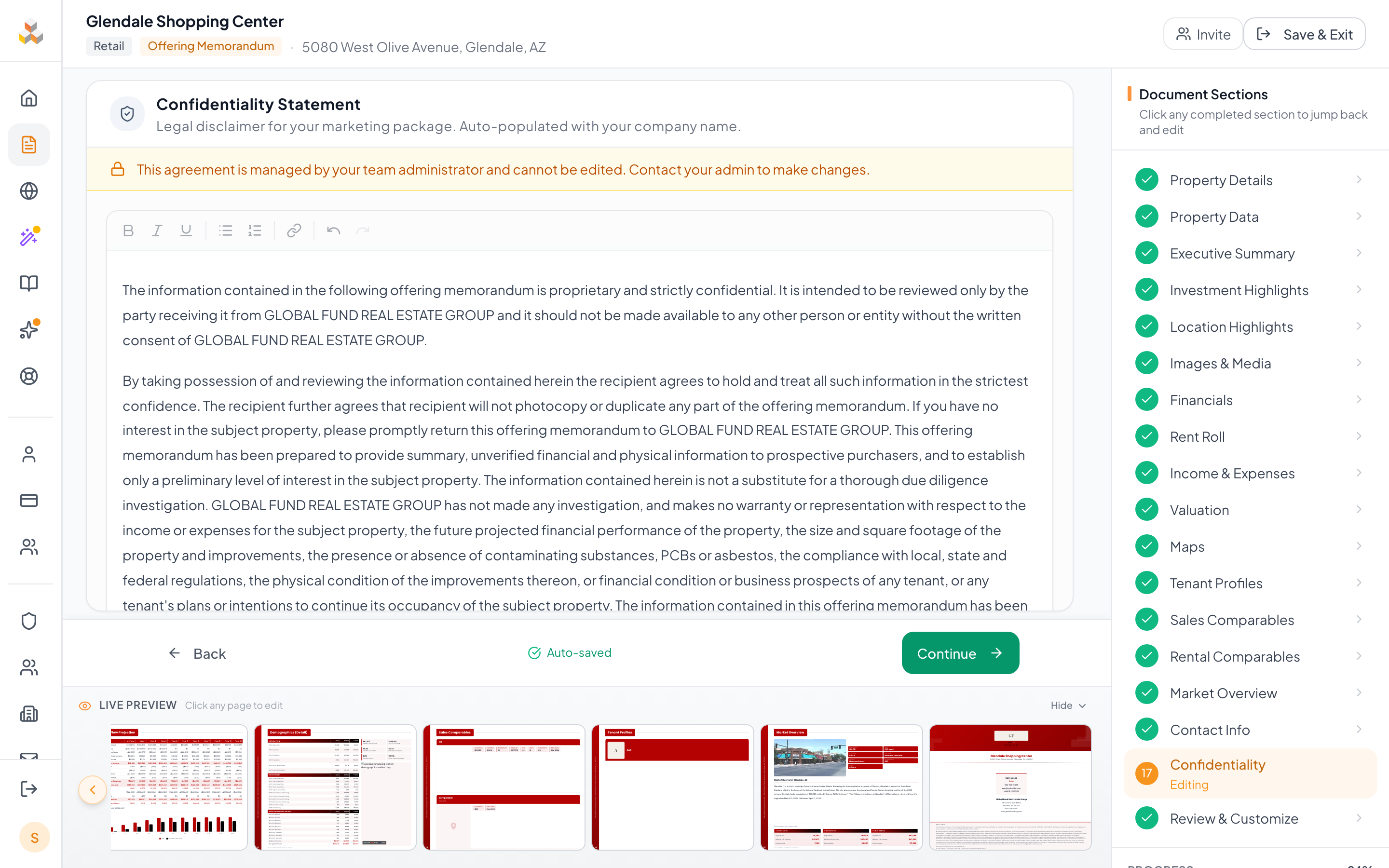 Confidentiality step with rich-text editor pre-loaded with disclaimer language