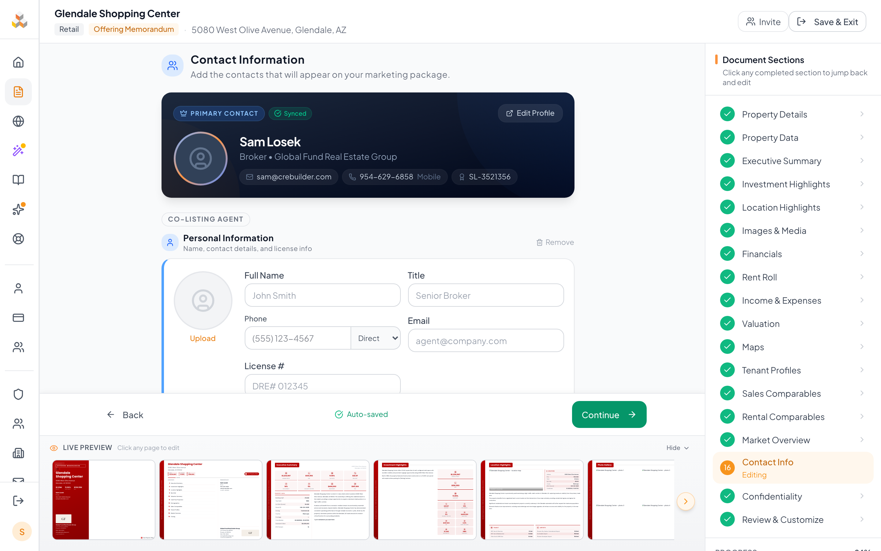 Contact Information step with primary contact card and co-listing slots