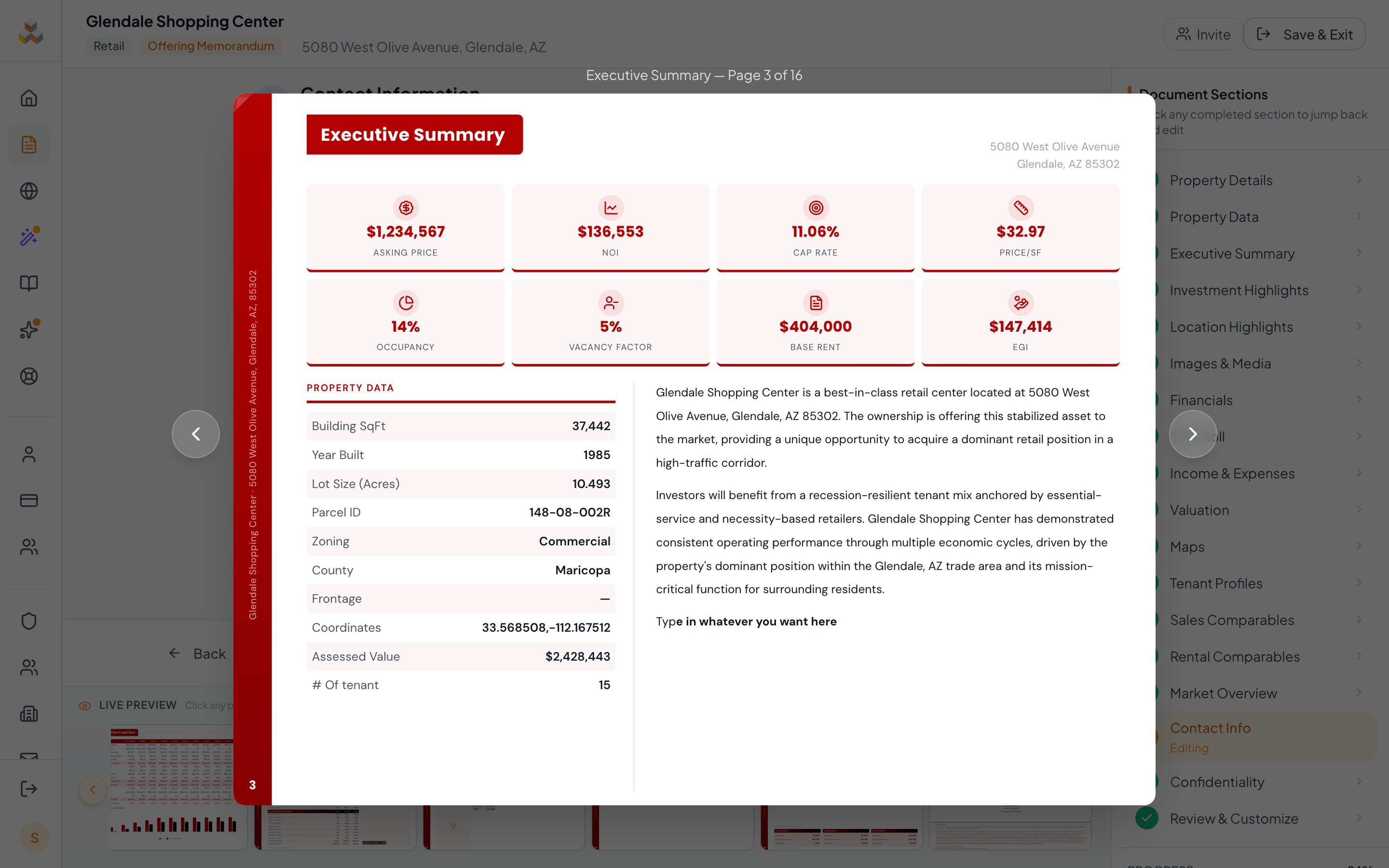Market Overview step with city description, market image, and Key Facts