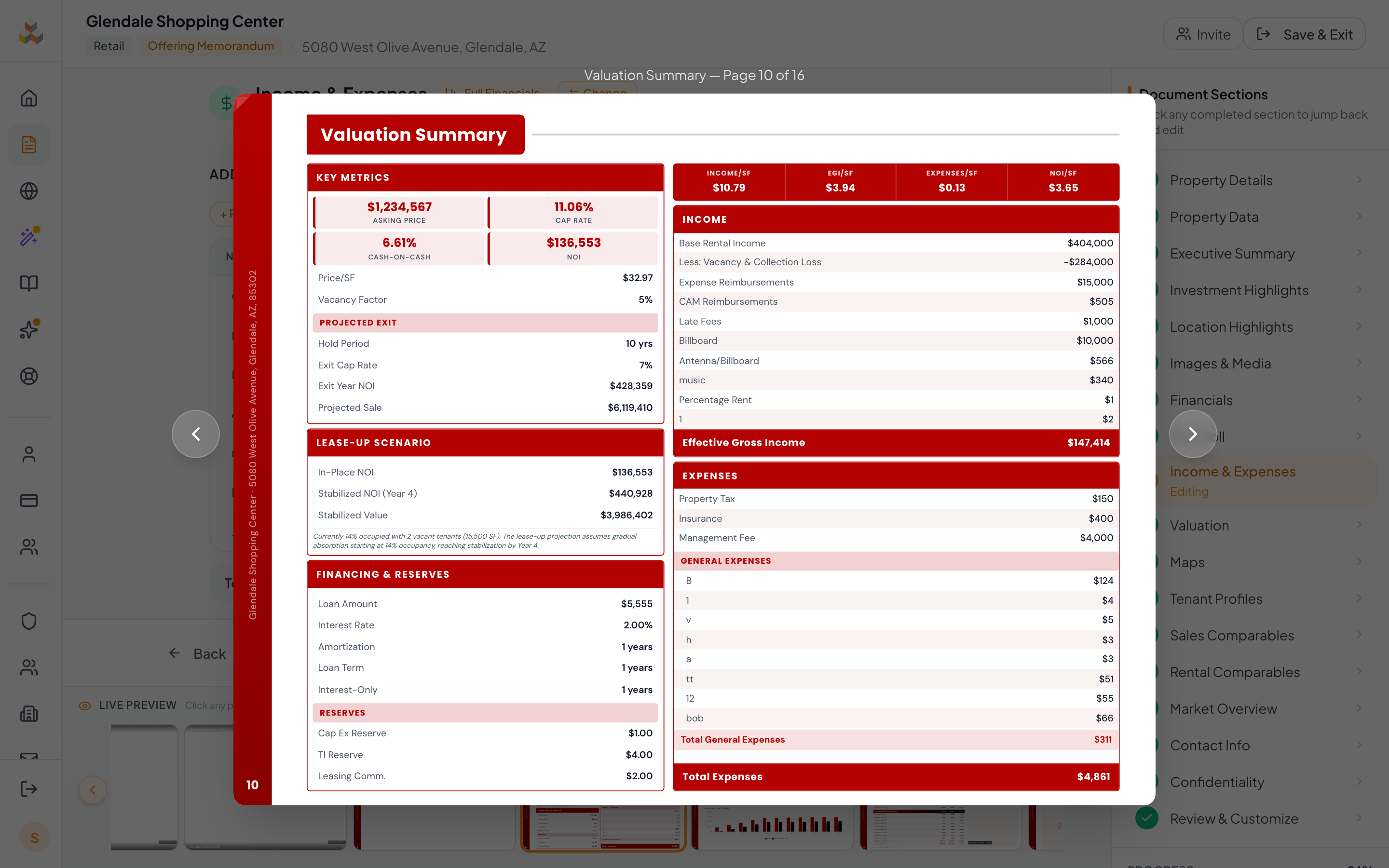 Valuation step with Assumptions, Growth, Financing, and Reserves panels
