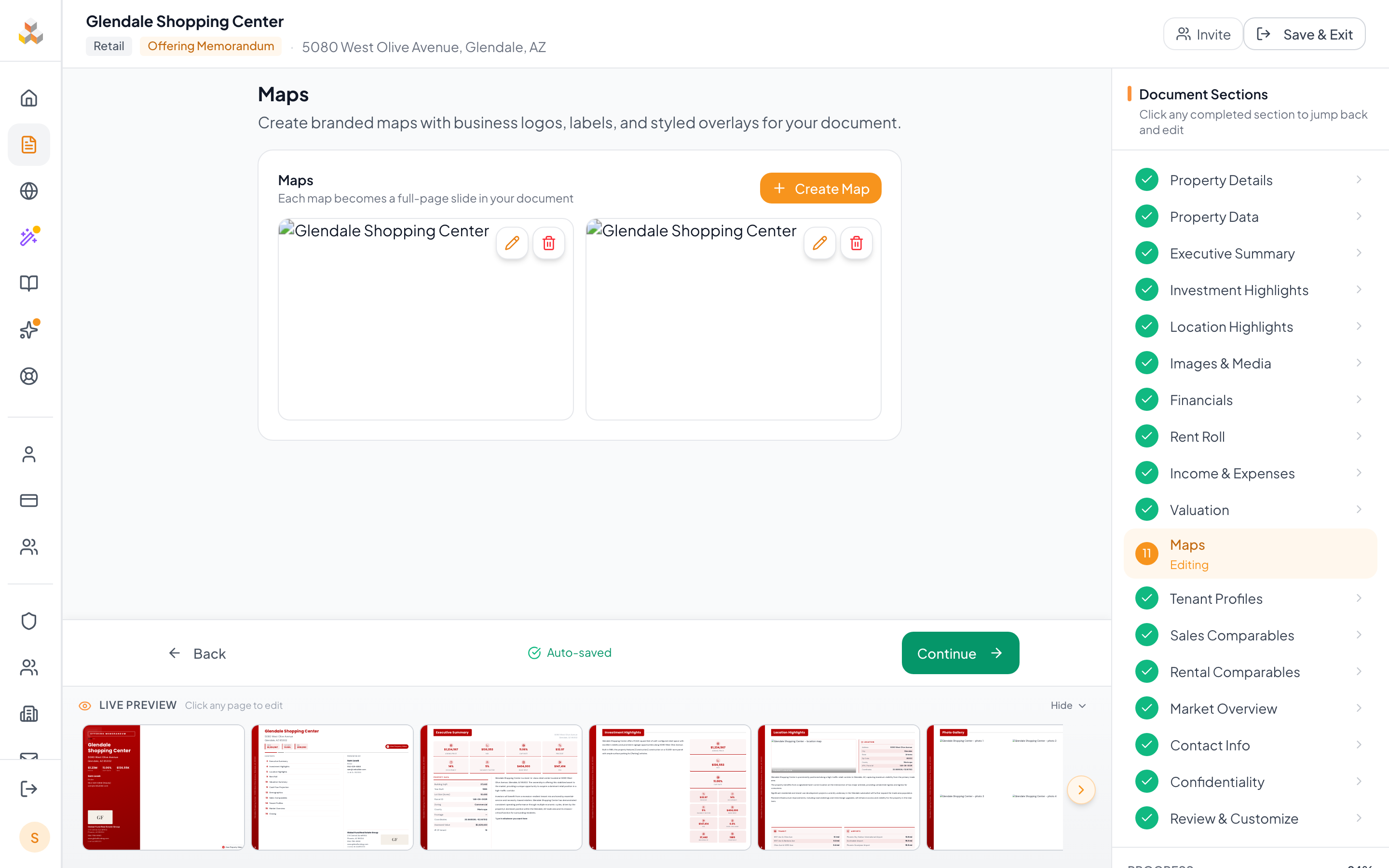 Maps page in the document editor showing map cards