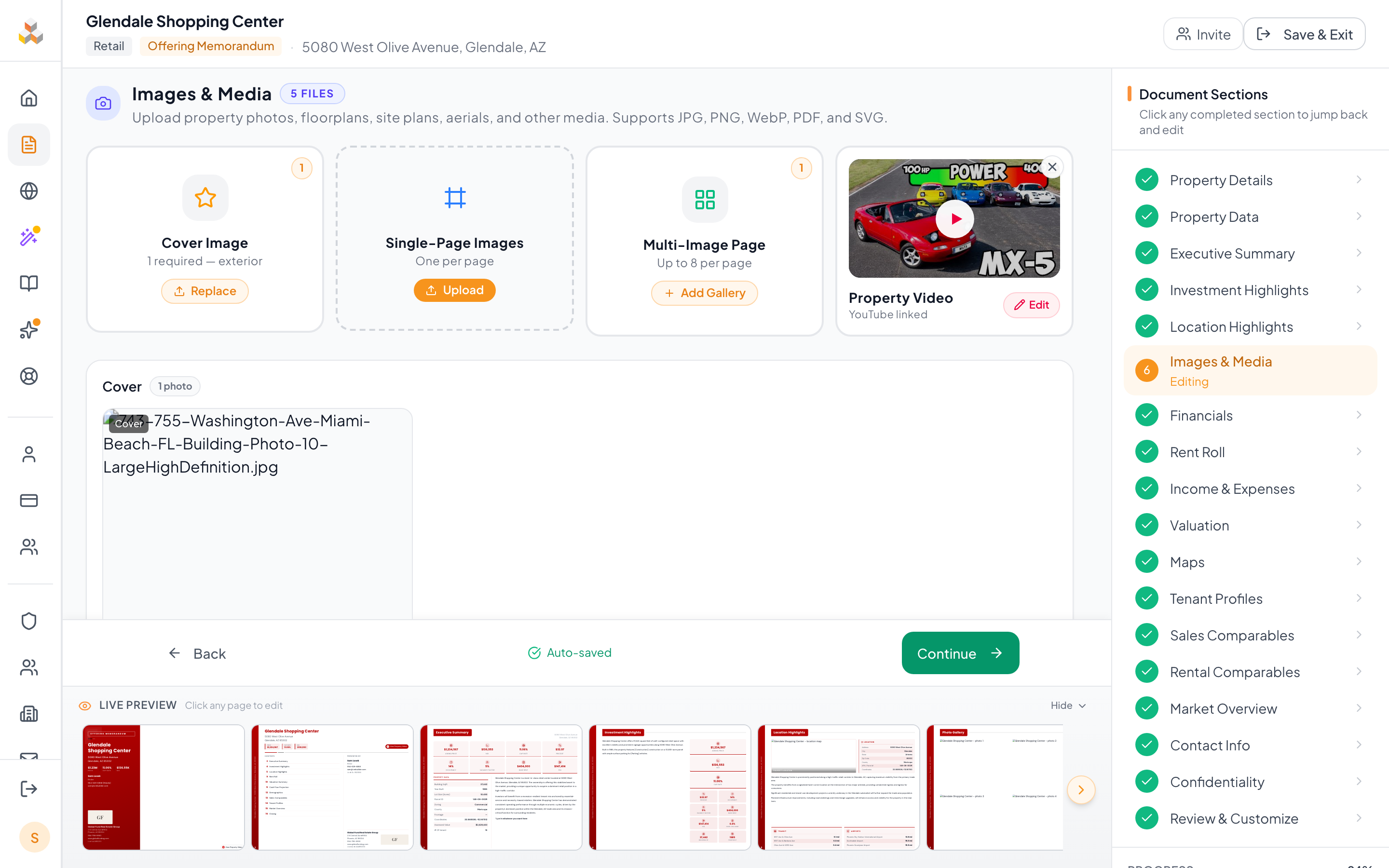 Photos page in the document editor showing upload zones and image management
