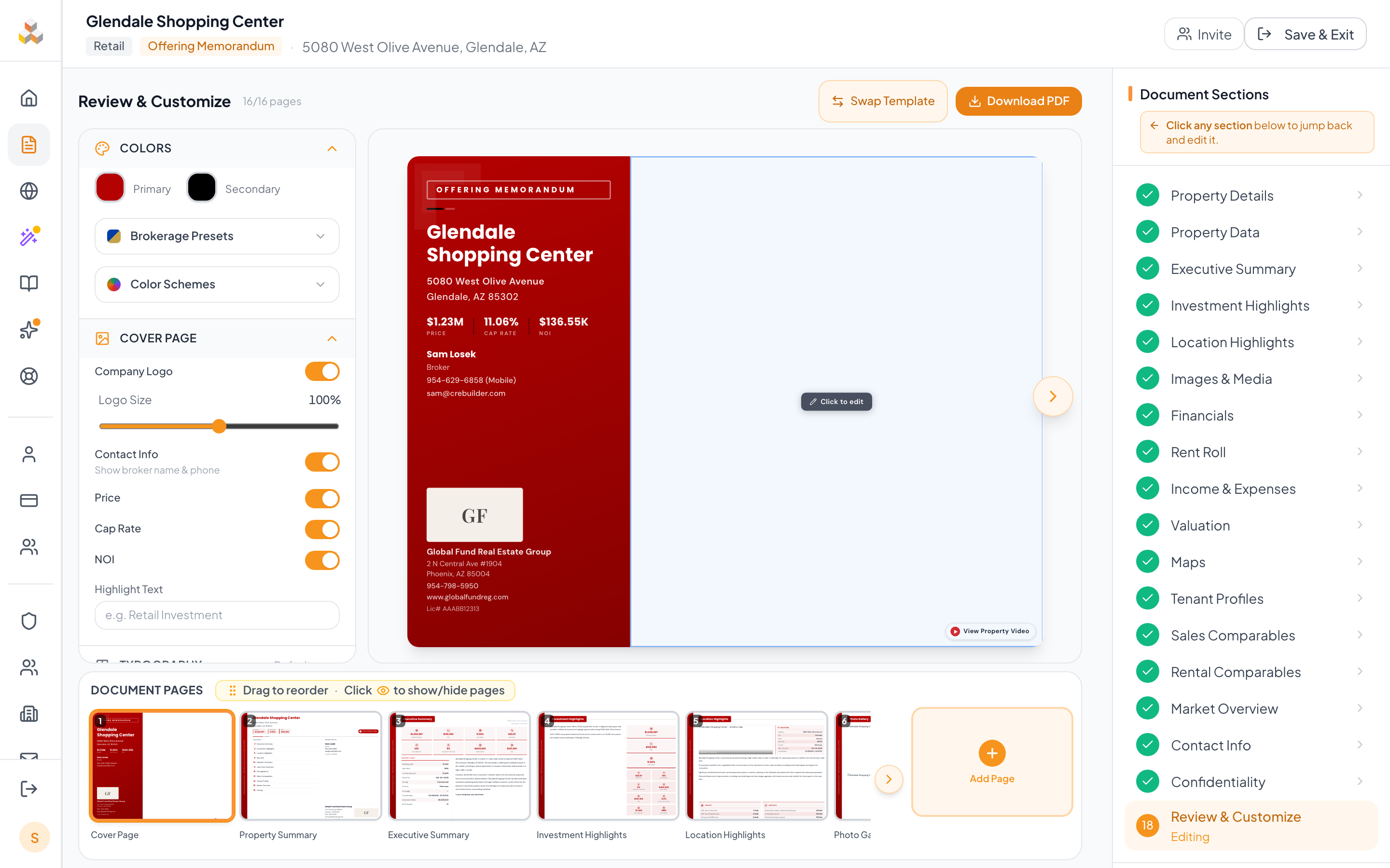 Review page showing the three-panel layout: design panel on left, document preview in center, thumbnail strip at bottom
