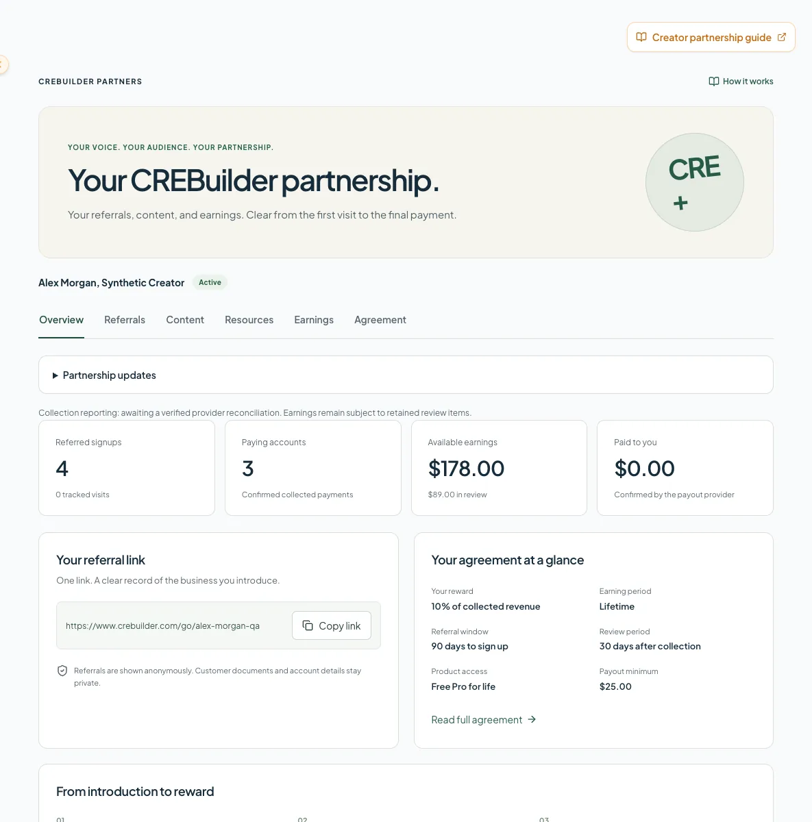 Creator partnership overview showing the accepted agreement and anonymous referral earnings.