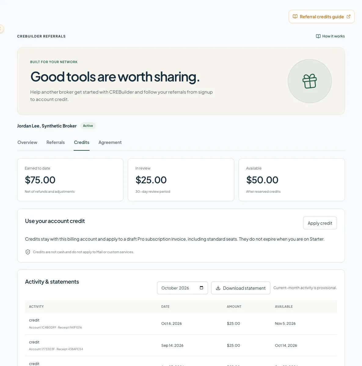 Customer referral credits page with the available balance, review hold and invoice application state.