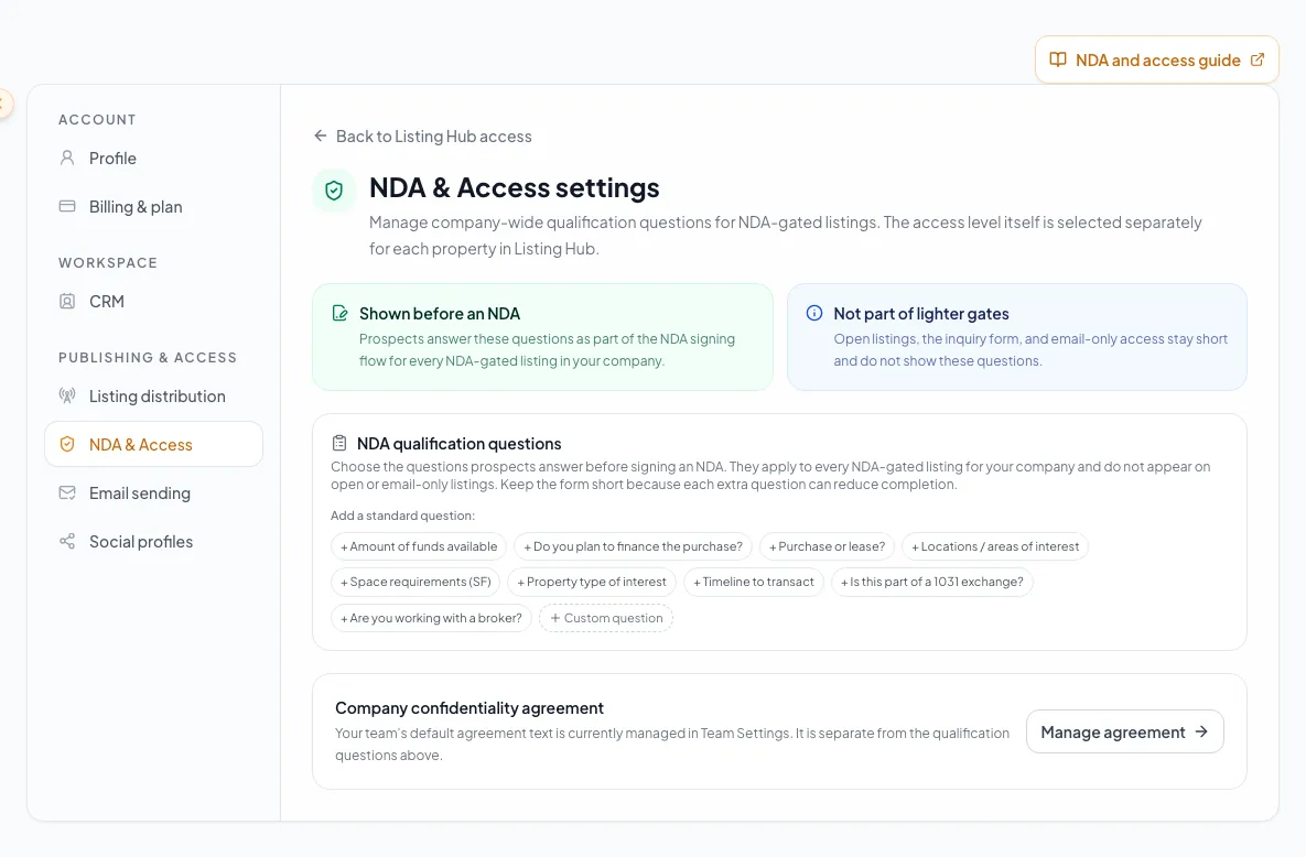 NDA and Access settings page with default qualification controls visible.