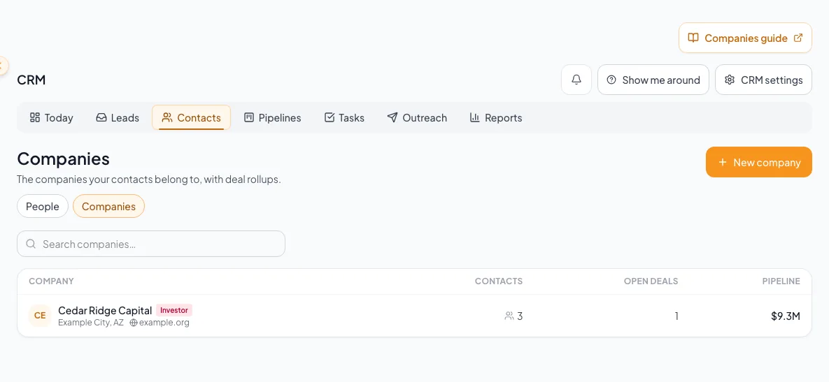 CRM Companies workspace with organization records separated from individual people.