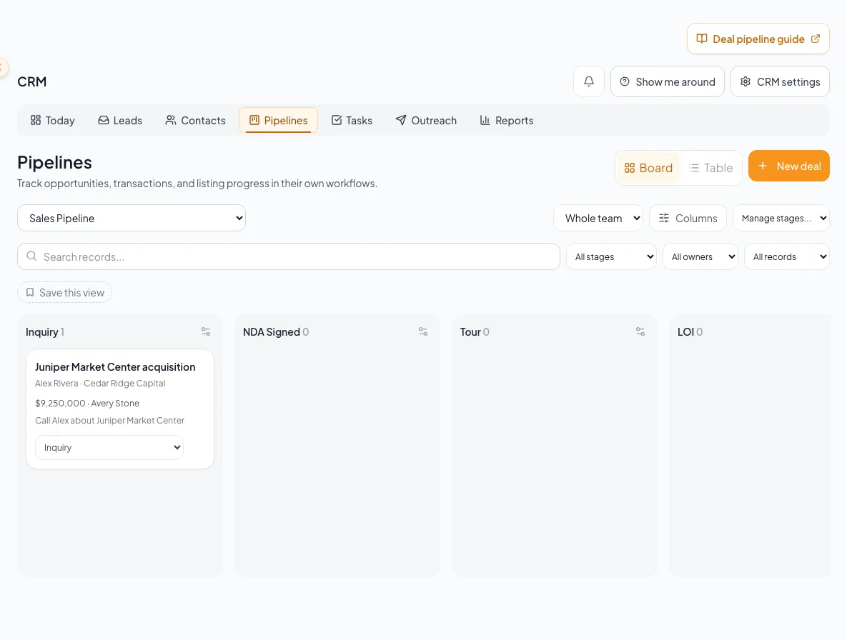 CRM Deals pipeline showing stage context, ownership, and board or list organization.