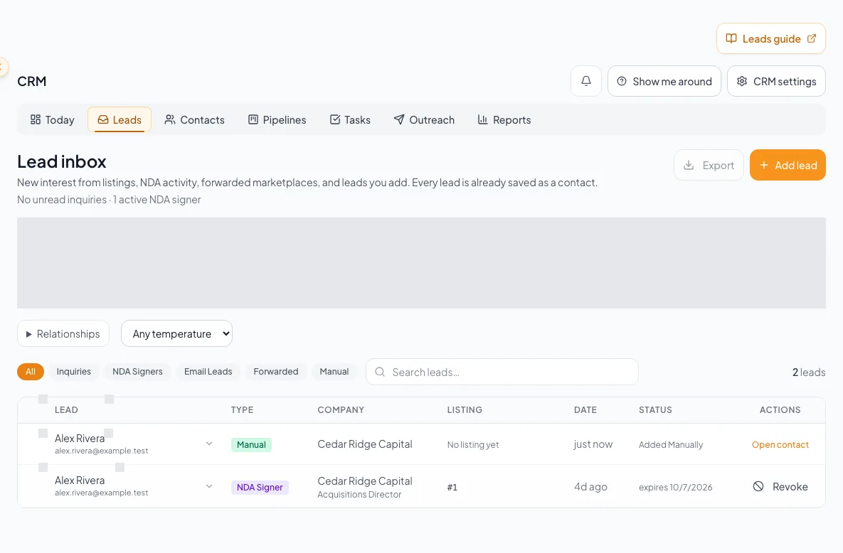 CRM Leads inbox showing the workspace for captured and unqualified inquiries.