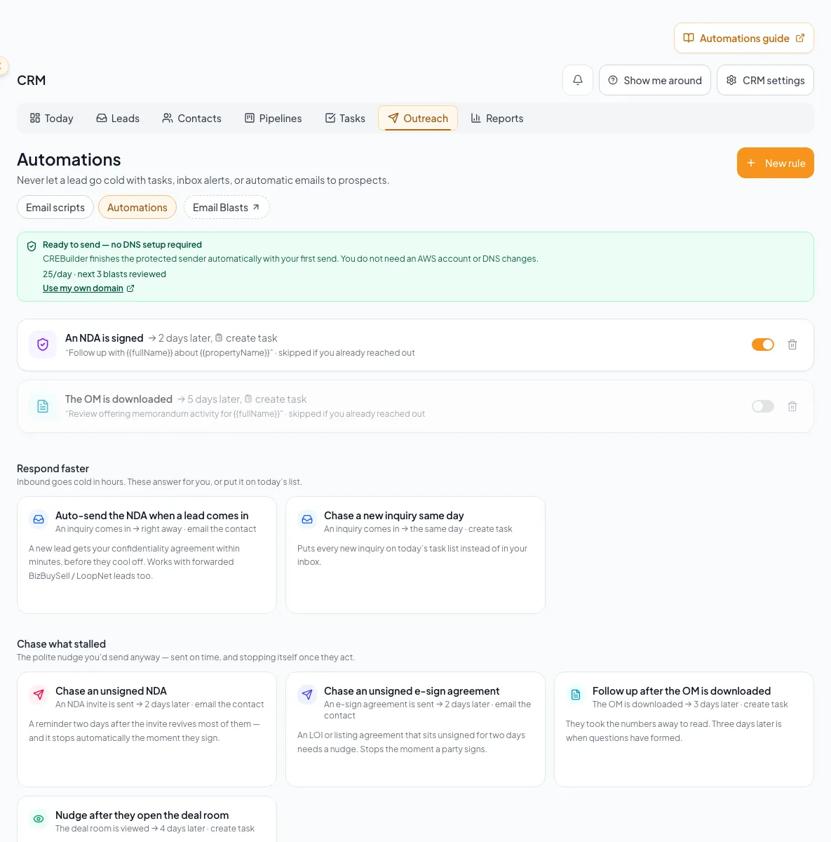 CRM Automations workspace showing the available trigger and action configuration.