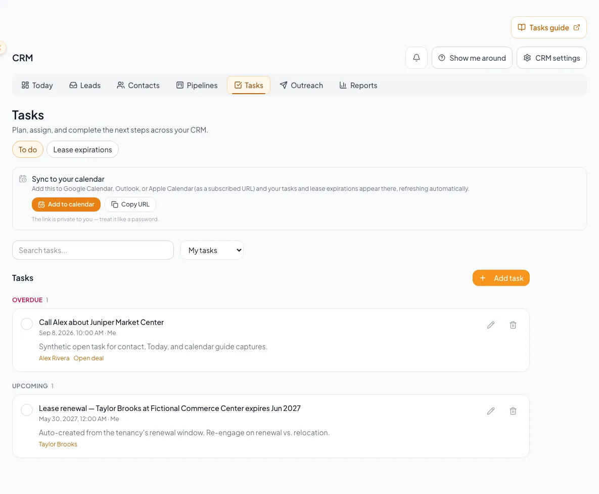 CRM To do page with task groups, due work, and assignment controls visible.