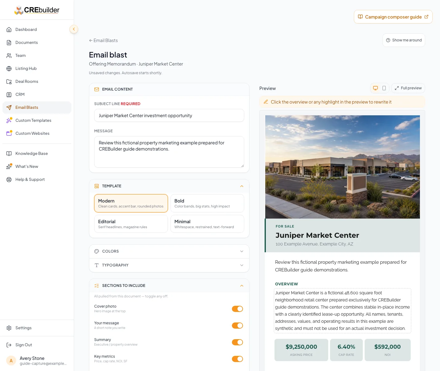 Email Blast composer at the preview, test, allowance, and sending preflight stage.