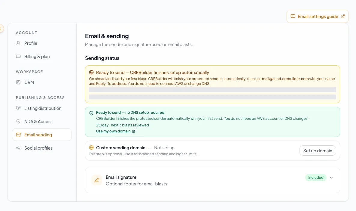 Email settings page showing the controls that determine campaign sending readiness.