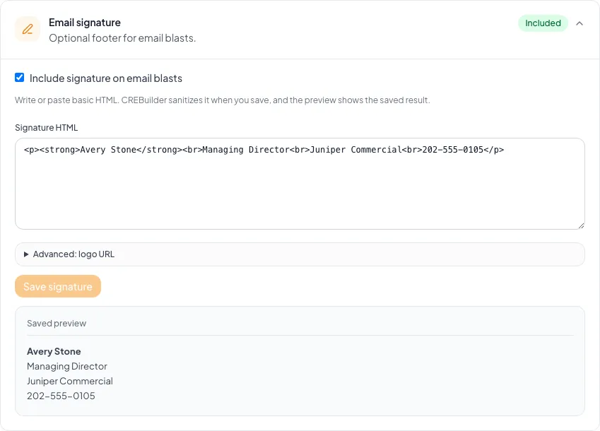 Email settings page with the campaign signature editor and preview in context.