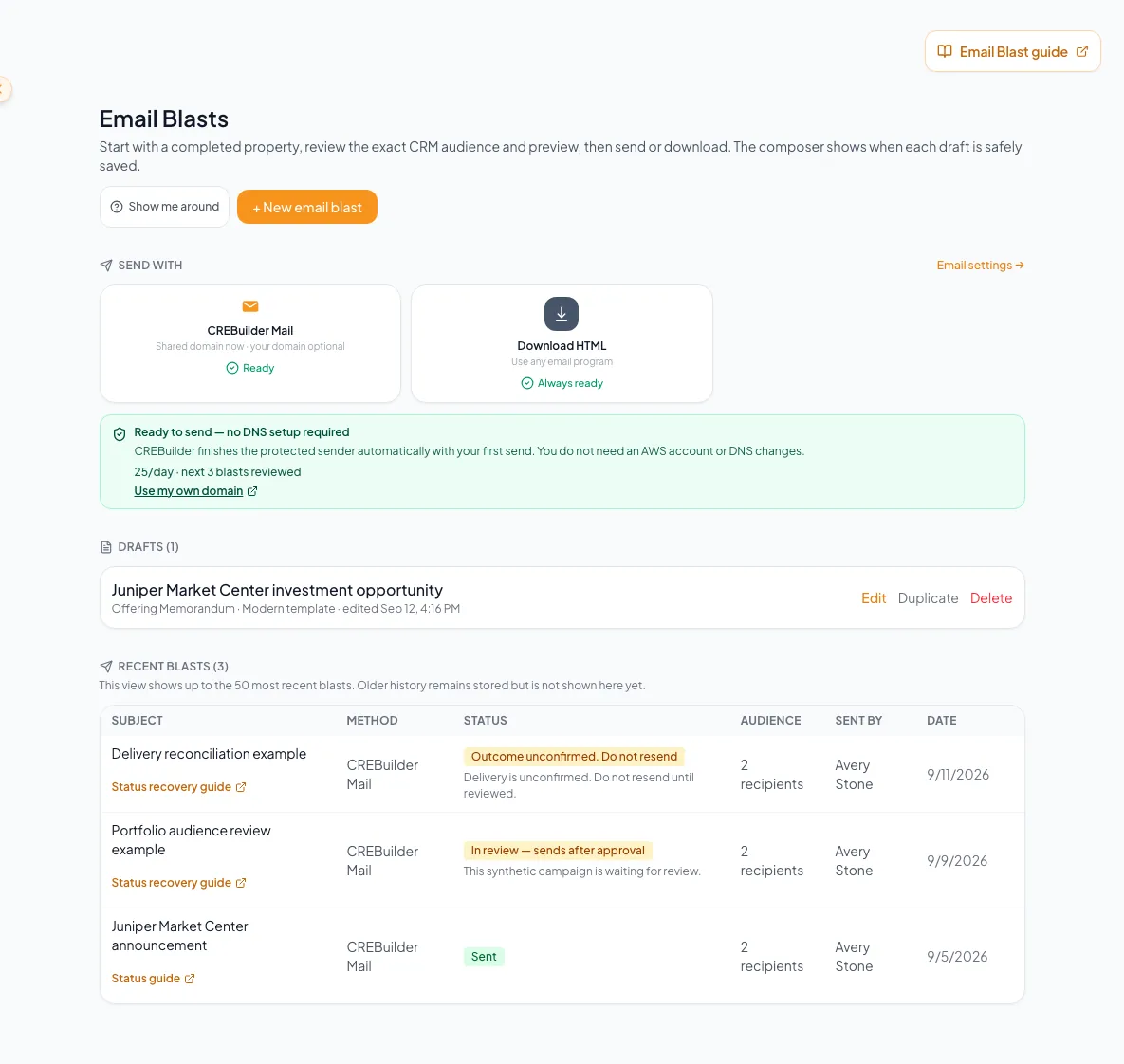 Email Blasts hub used to investigate an interrupted or unsuccessful campaign state.