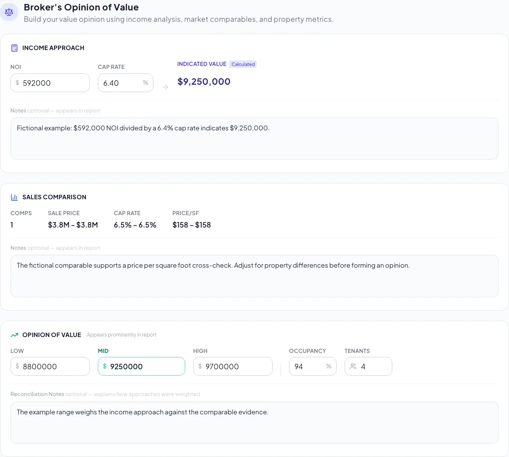 Valuation workspace showing the inputs used in a Broker Opinion of Value.