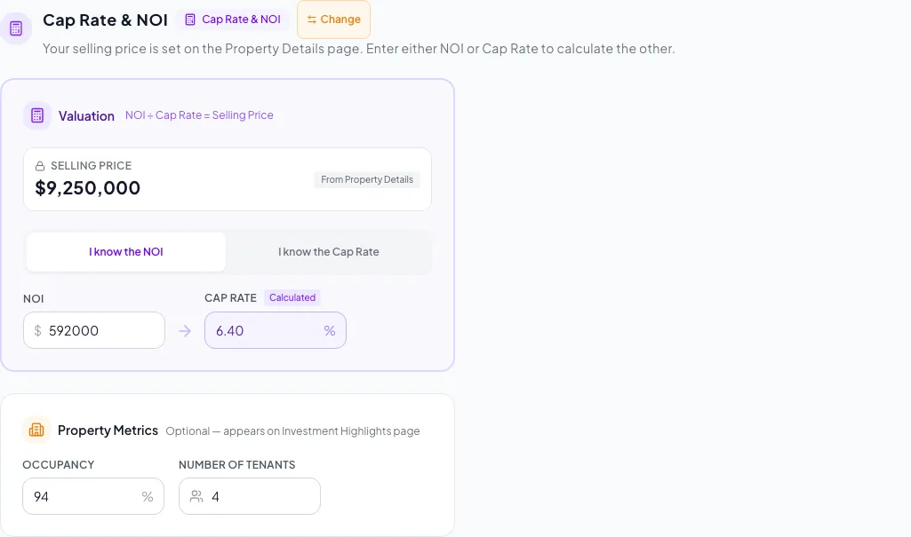 Valuation workspace used for the Cap Rate and NOI analysis path.