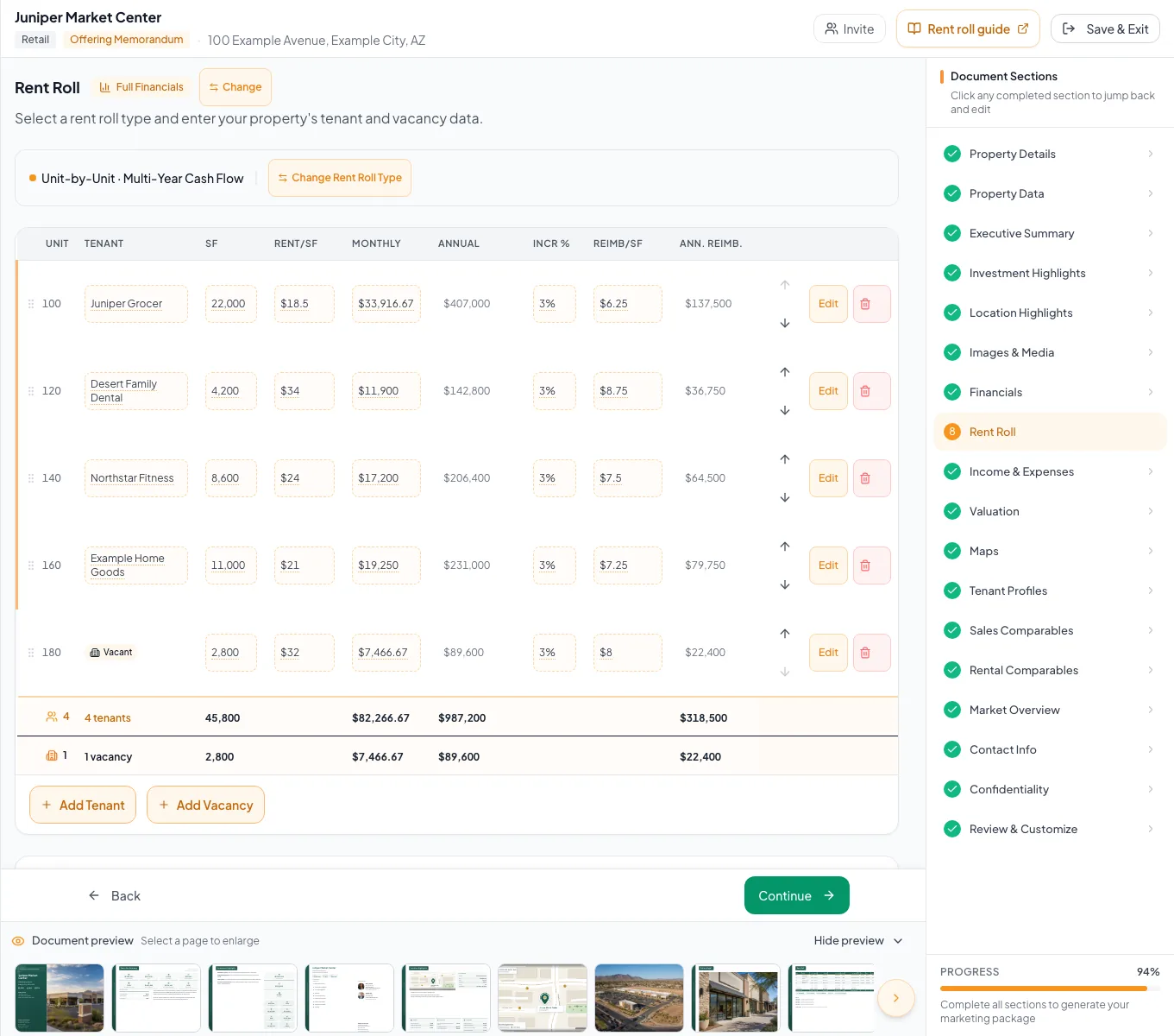 Rent Roll step where projection model and tenant-detail structure are configured.