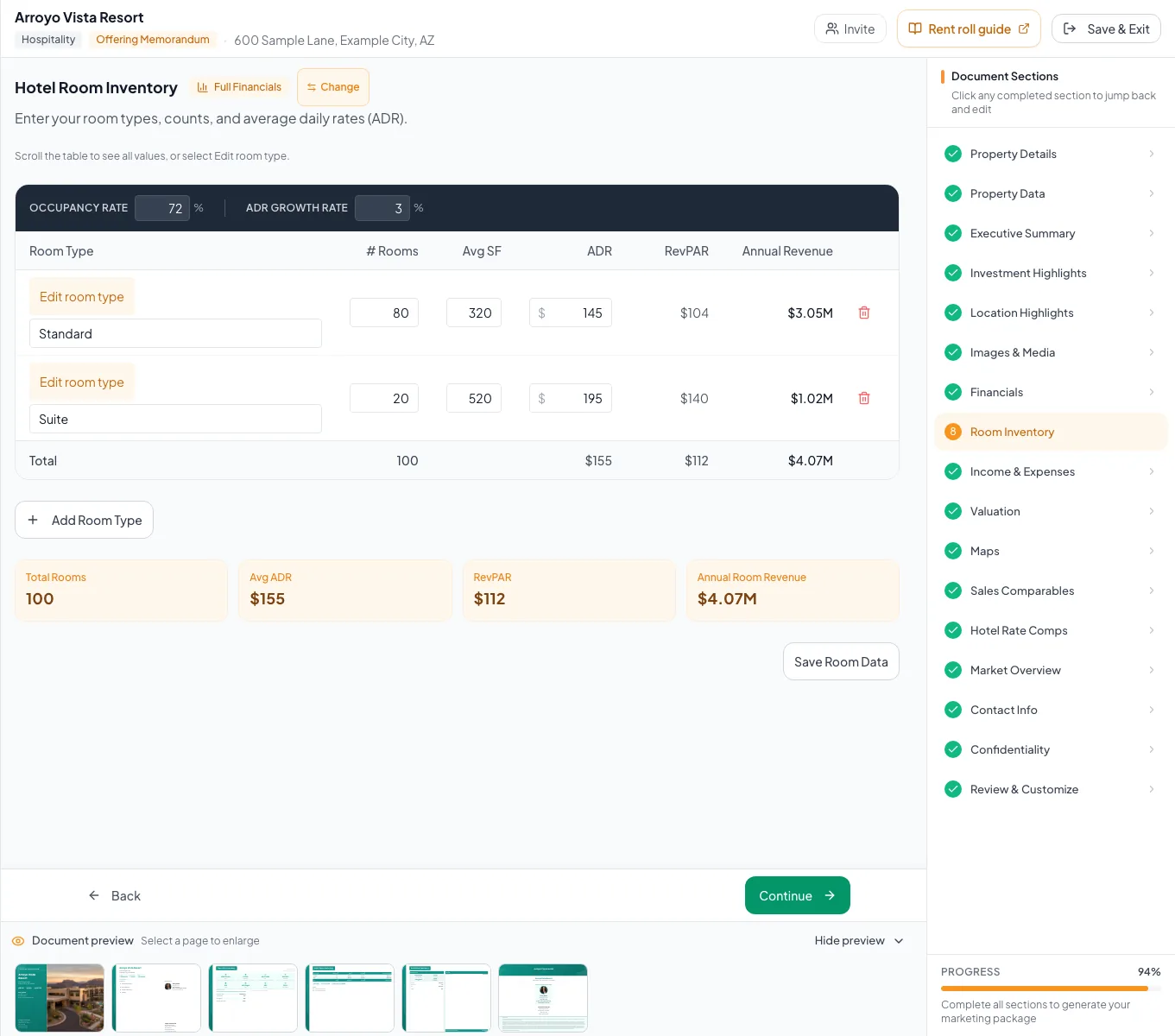 Hospitality inventory screen with room, occupancy, and rate inputs available.