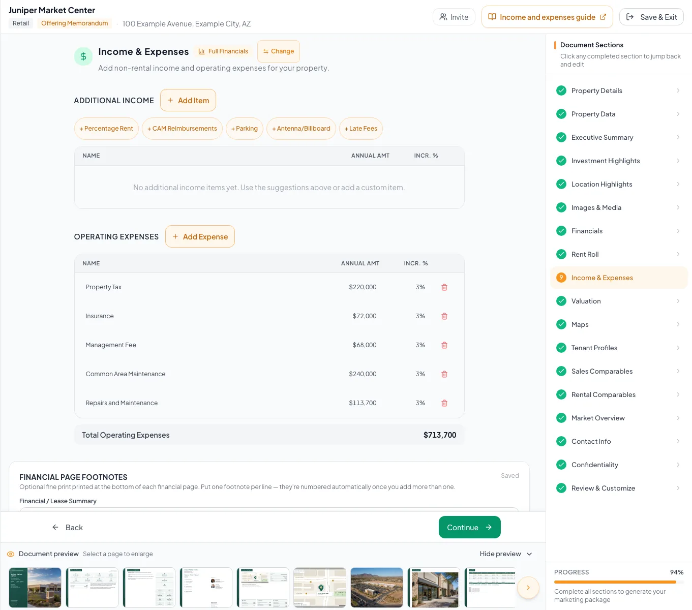 Income and Expenses step showing the operating statement entry workspace.