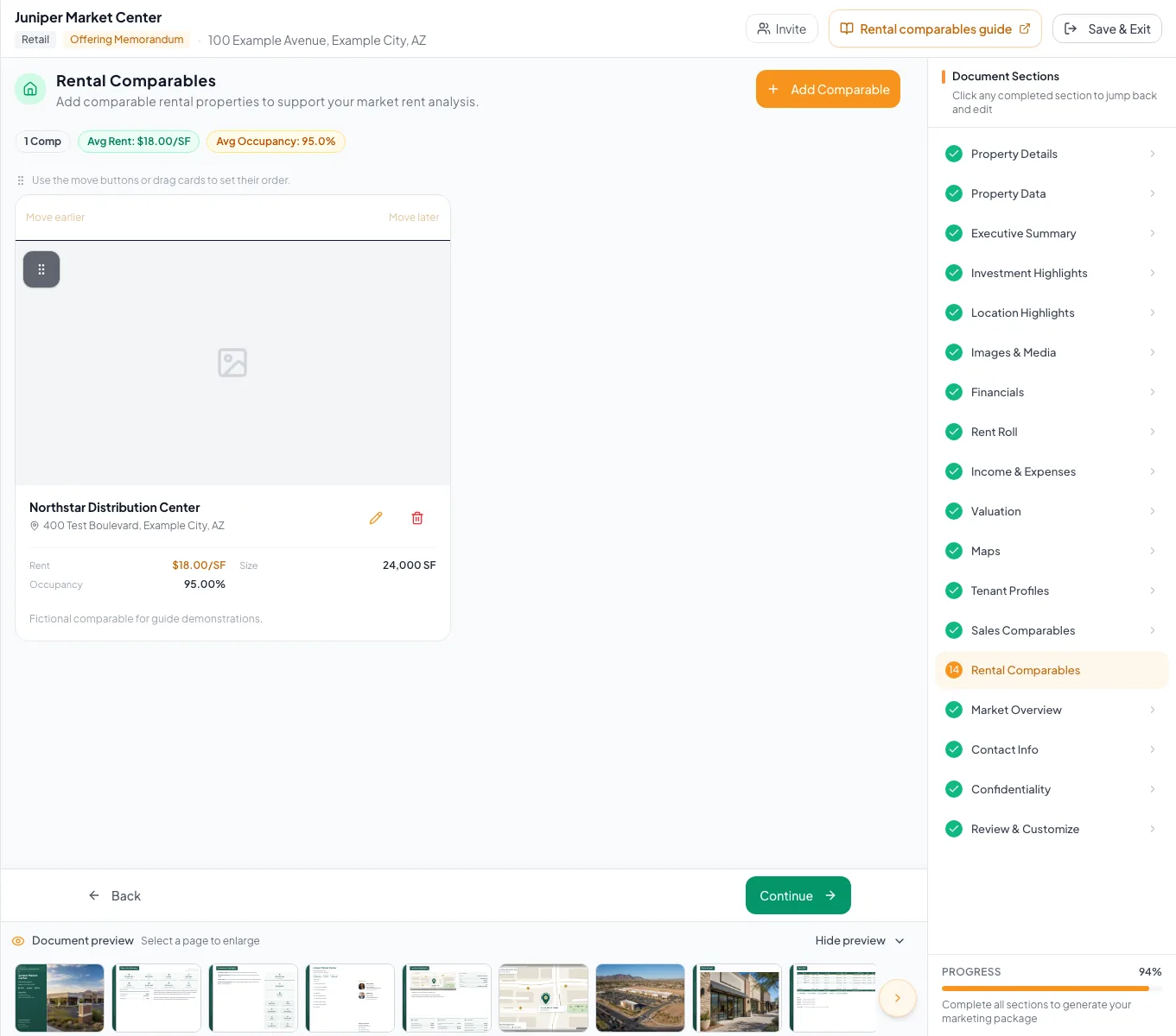 Rental Comparables workspace with lease comparison fields and ordering controls.