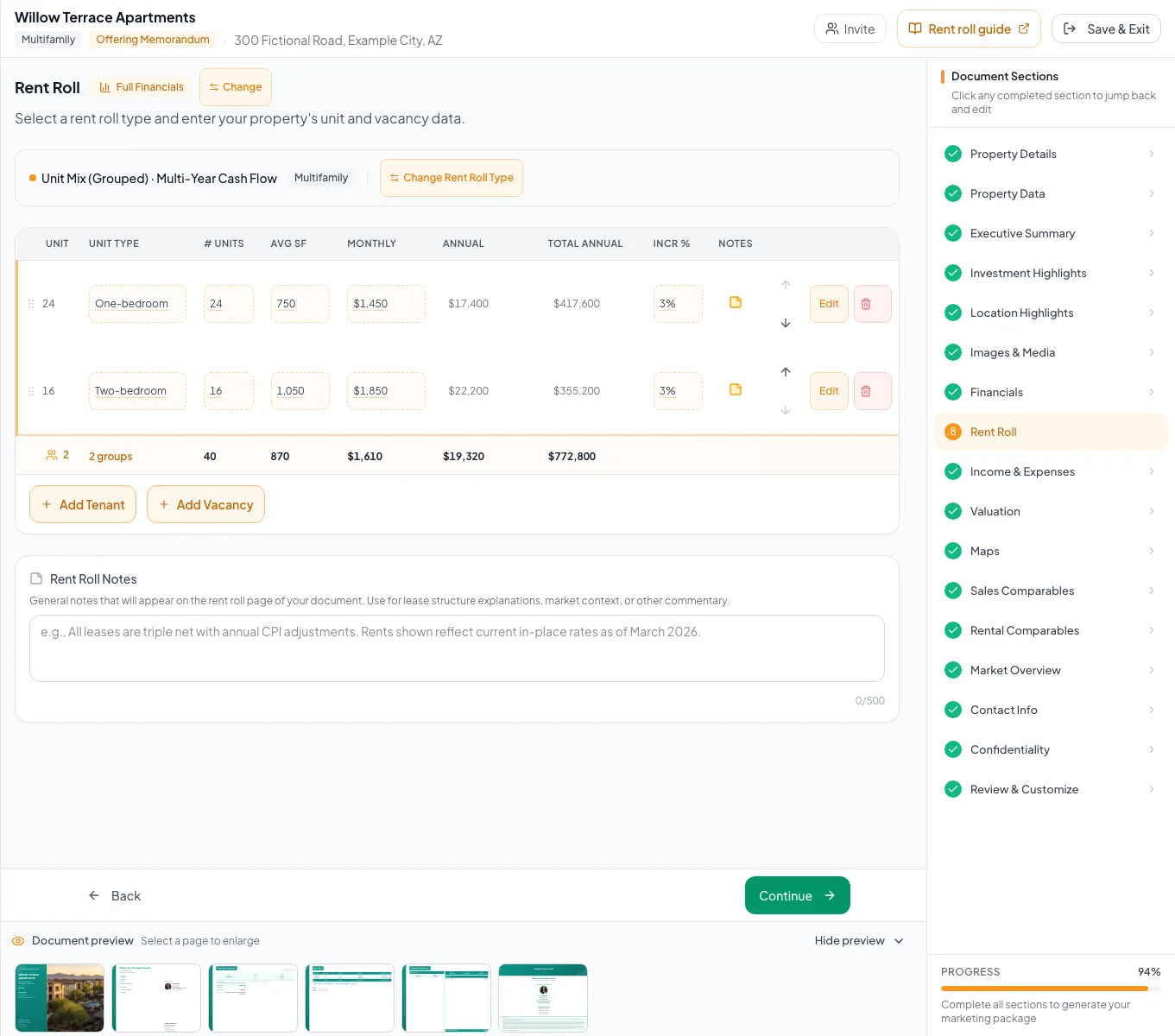 Rent Roll workspace configured for unit-based inventory and occupancy data.