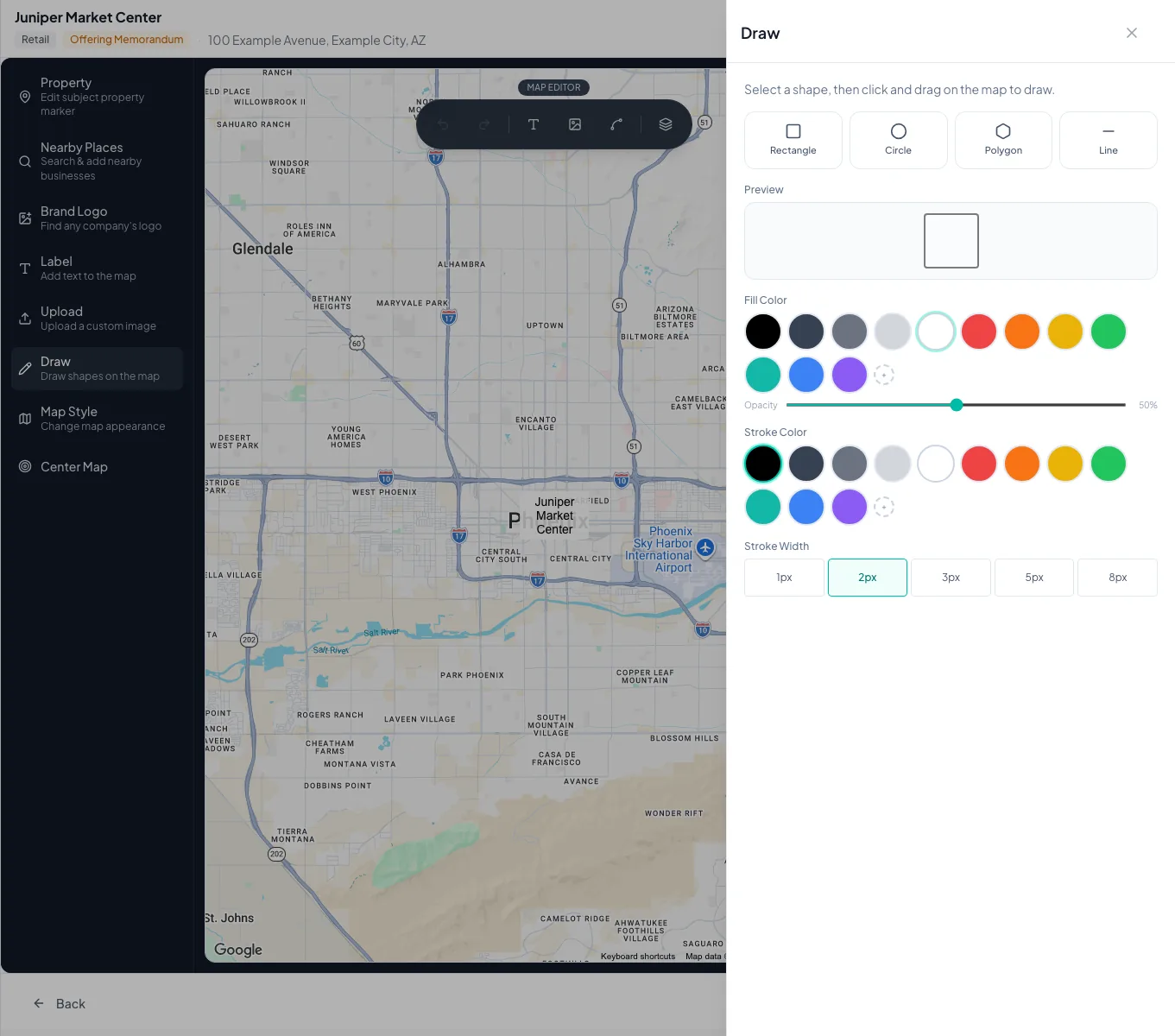 Maps editor showing the workspace for labels, logos, property images, and shapes.