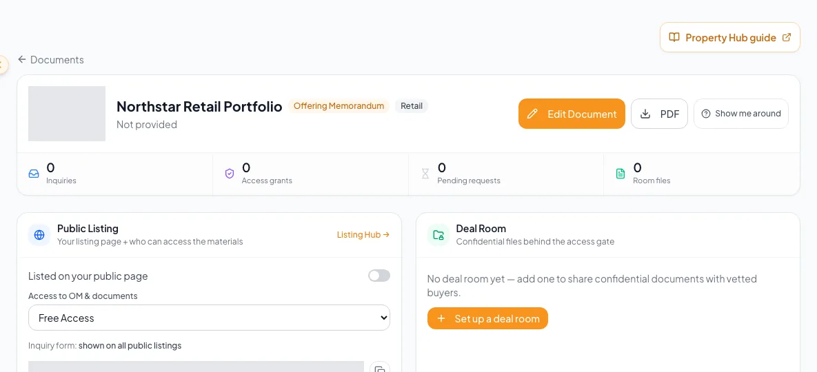 Portfolio Property Hub with Public Listing, Deal Room, and Outreach actions available.