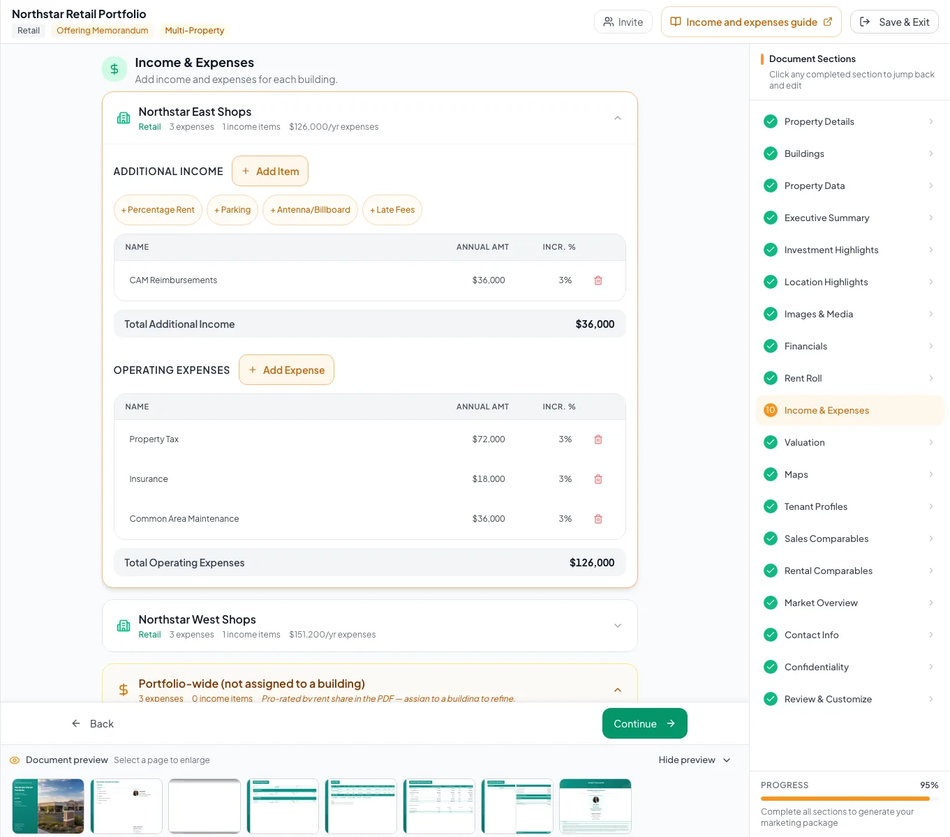 Income and Expenses workspace for a multi-property document and its combined analysis.