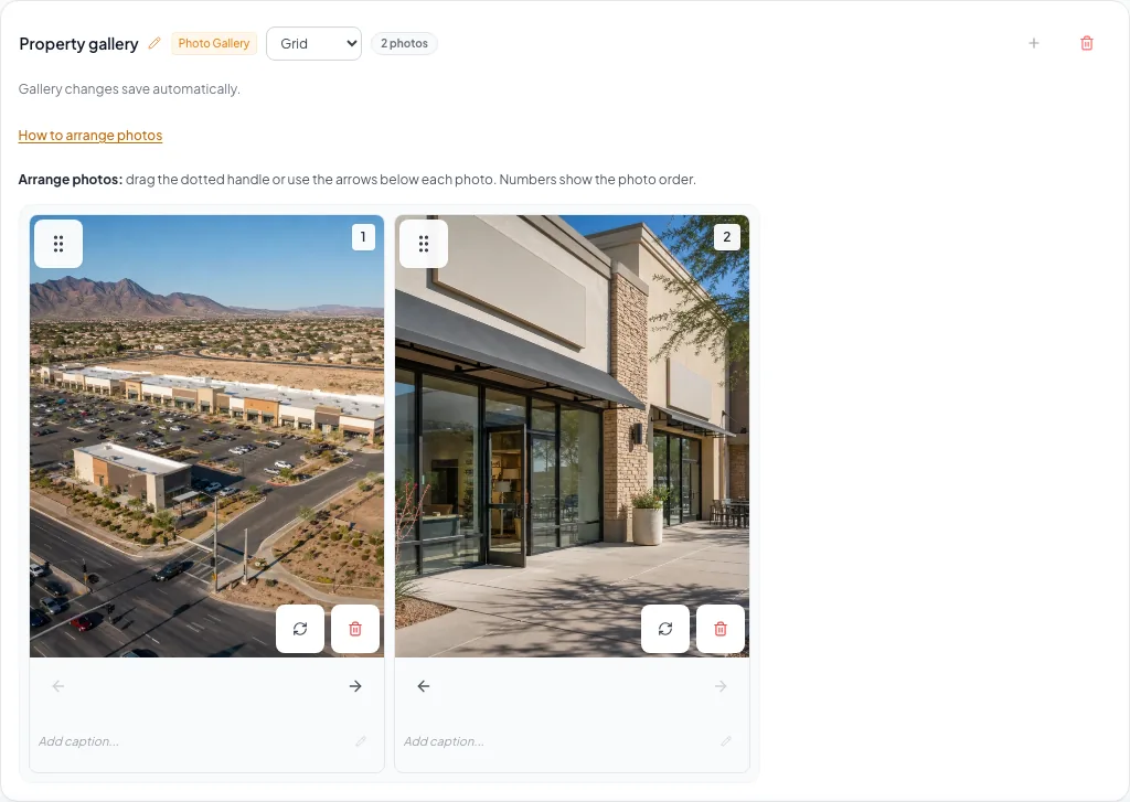 Gallery controls with visible dotted drag handles, numbered photos, earlier and later arrows, and the Grid or Masonry layout selector.