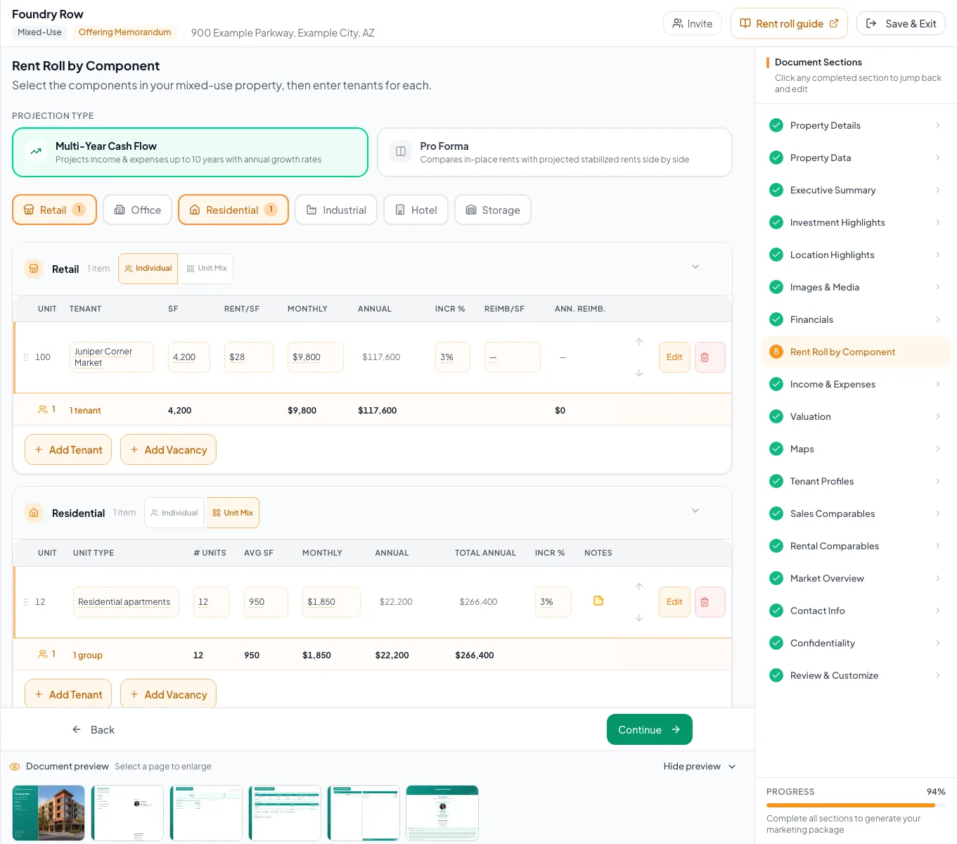 Populated mixed use editor showing the property-specific fields used in this example.