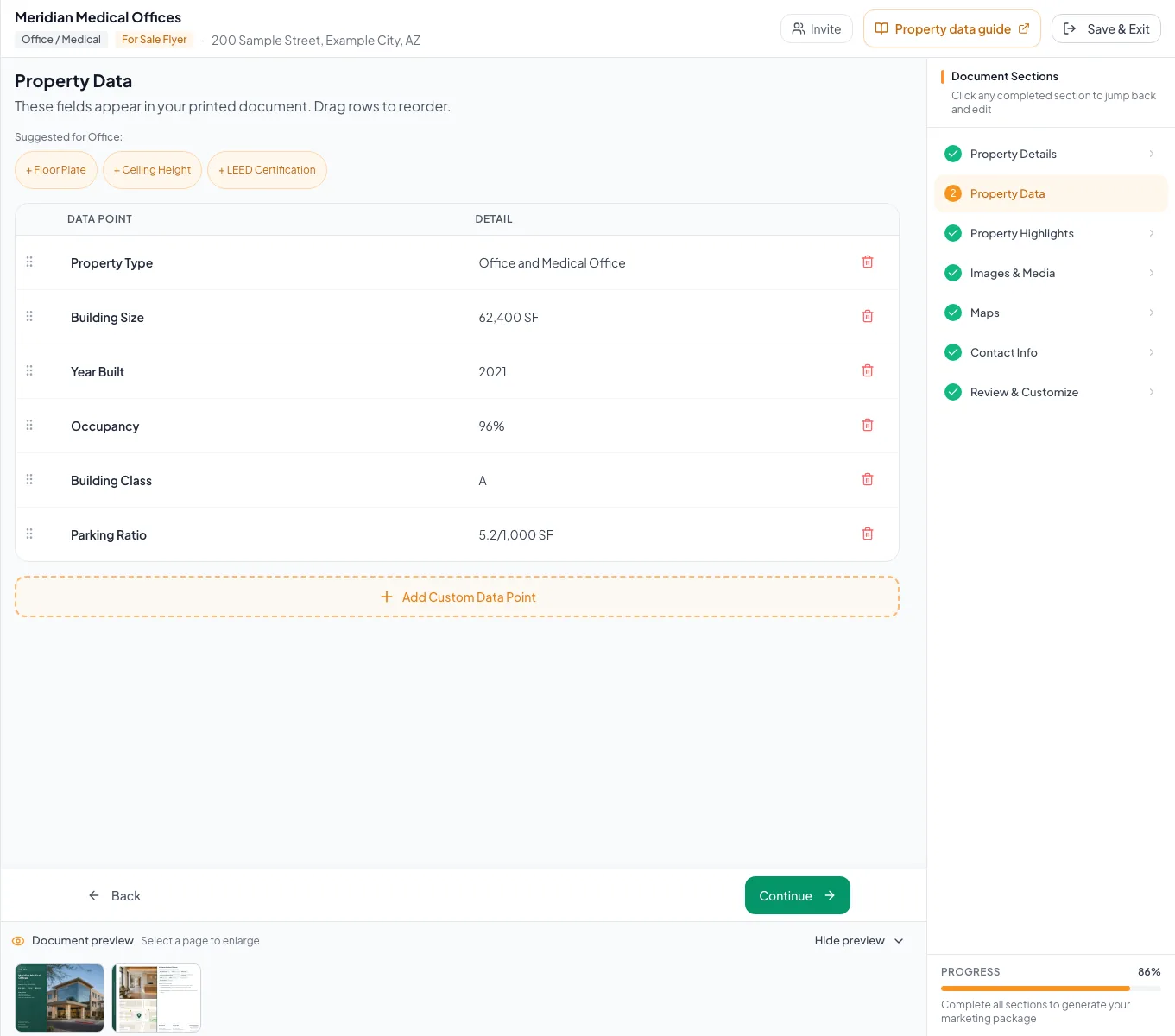 Populated office medical editor showing the property-specific fields used in this example.