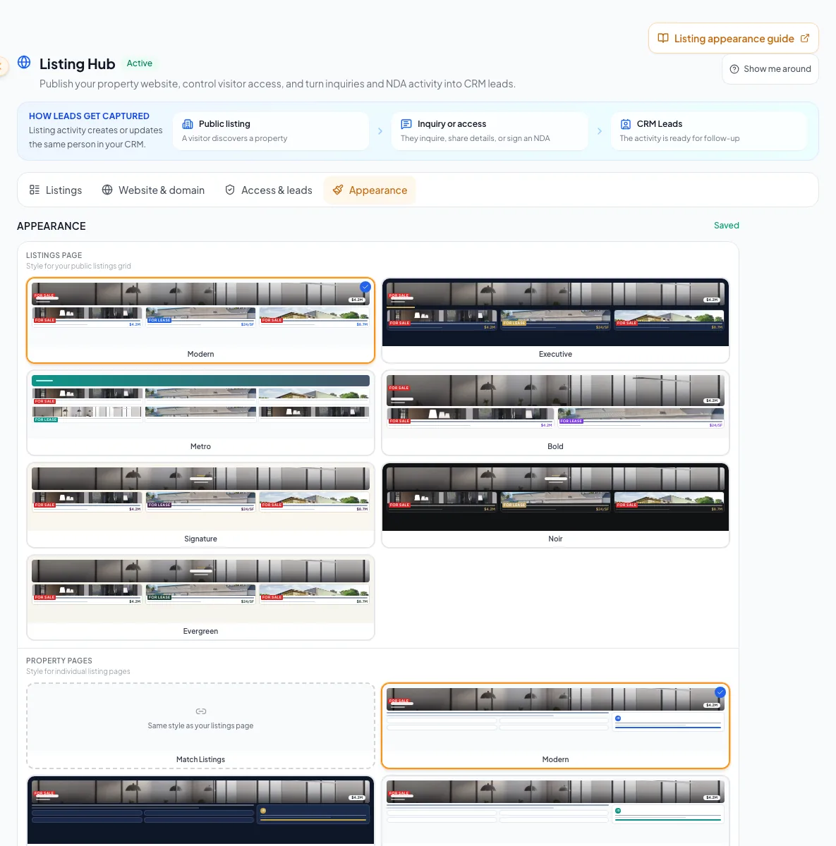 Listing Hub Appearance area with public listing style controls in context.