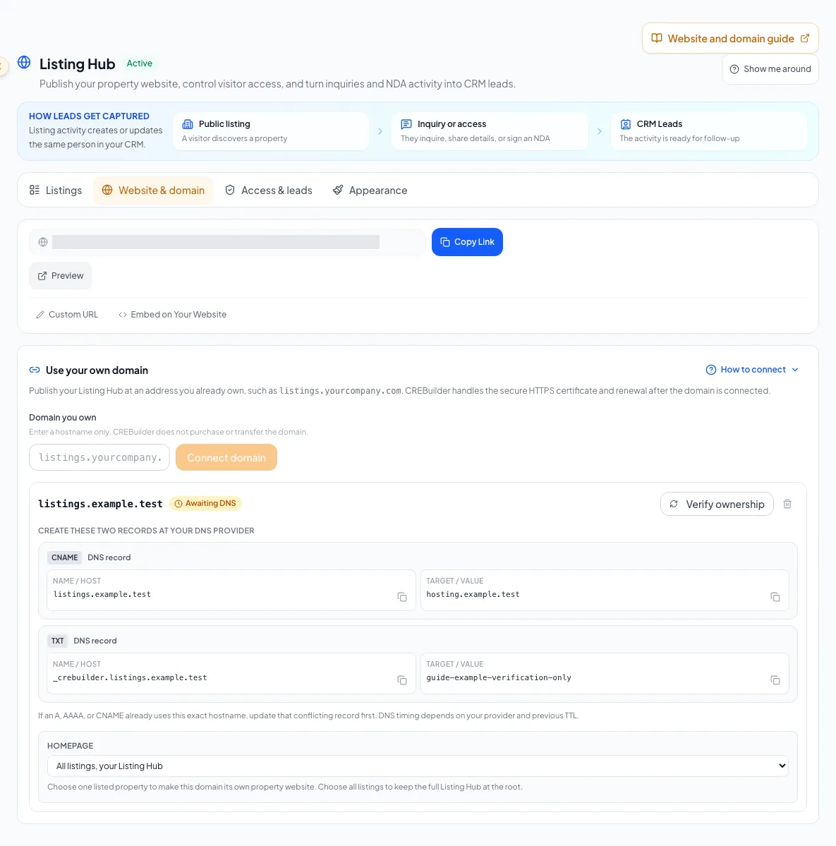 Listing Hub workspace where website sharing, domain, and embedding options are managed.