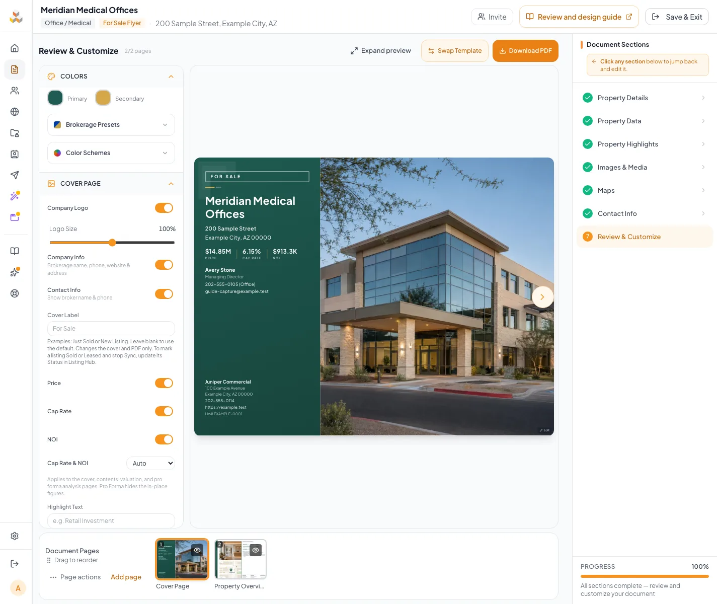 Review and Customize workspace used to control page layout and company branding.