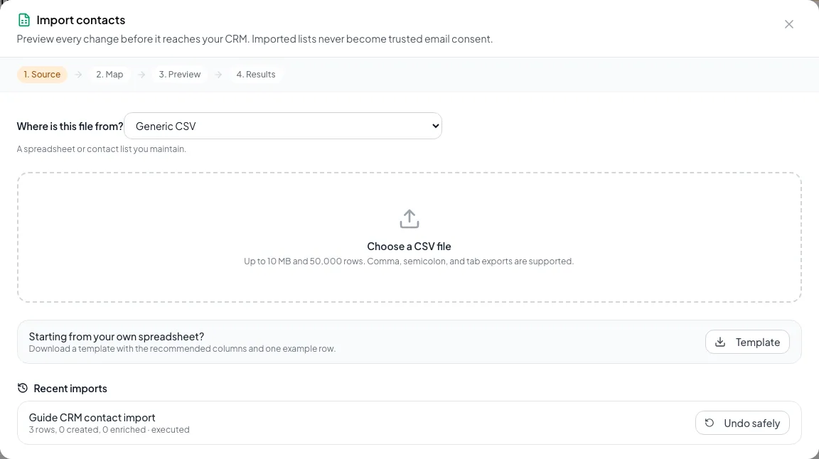 Demonstrate file selection, mapping, preview, and commit as one controlled sequence.