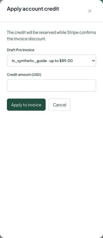 On a phone, choose the draft invoice and enter the credit amount in the full-height editor before applying it.
